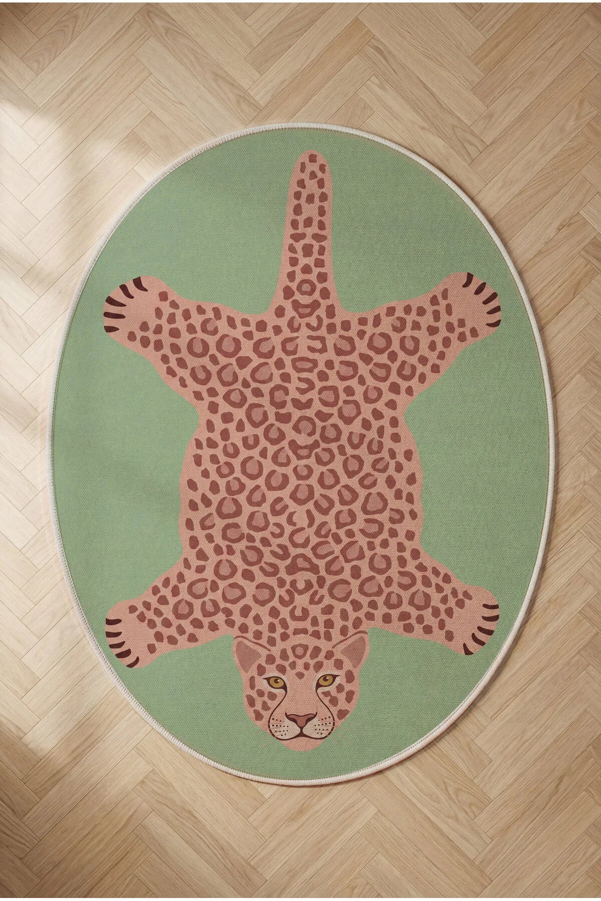 Leopar 02 Yeşil Pembe Leopar İnce Vintage Görünüm Şönil Dokuma Oval Oturma Odası Ev Mutfak Halısı