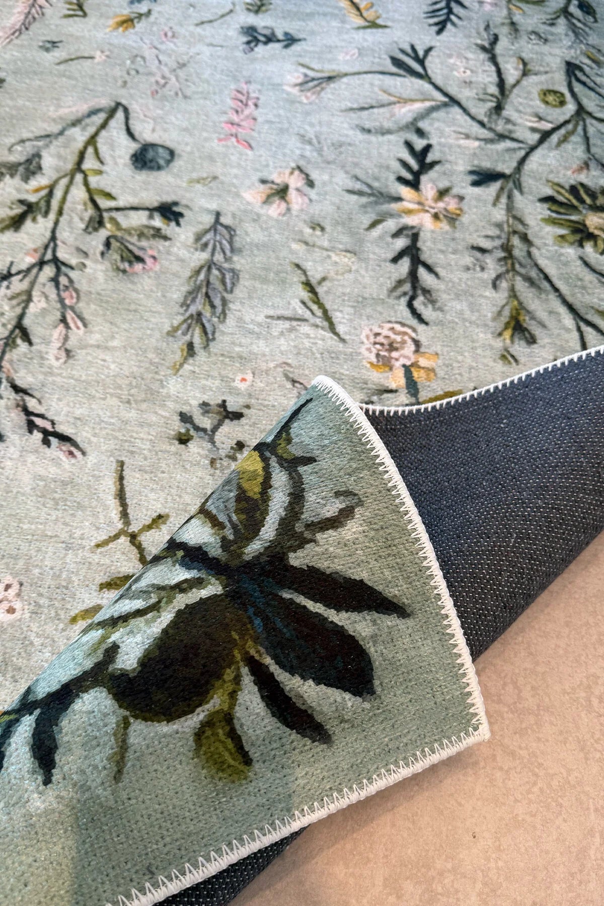 Rafel 904 Yeşil Çiçekli Halı Tasarım Halı Yıkanabilir İnce Dokuma Yolluk Salon Oturma Odası Halısı