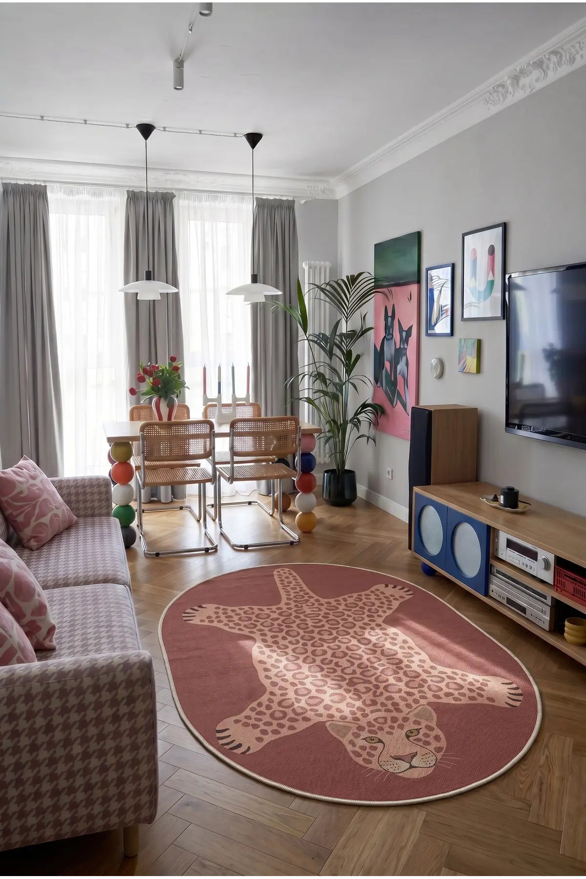 Leopar 04 Koyu Pembe Leopar İnce Vintage Görünüm Şönil Dokuma Oval Oturma Odası Ev Koridor Halısı