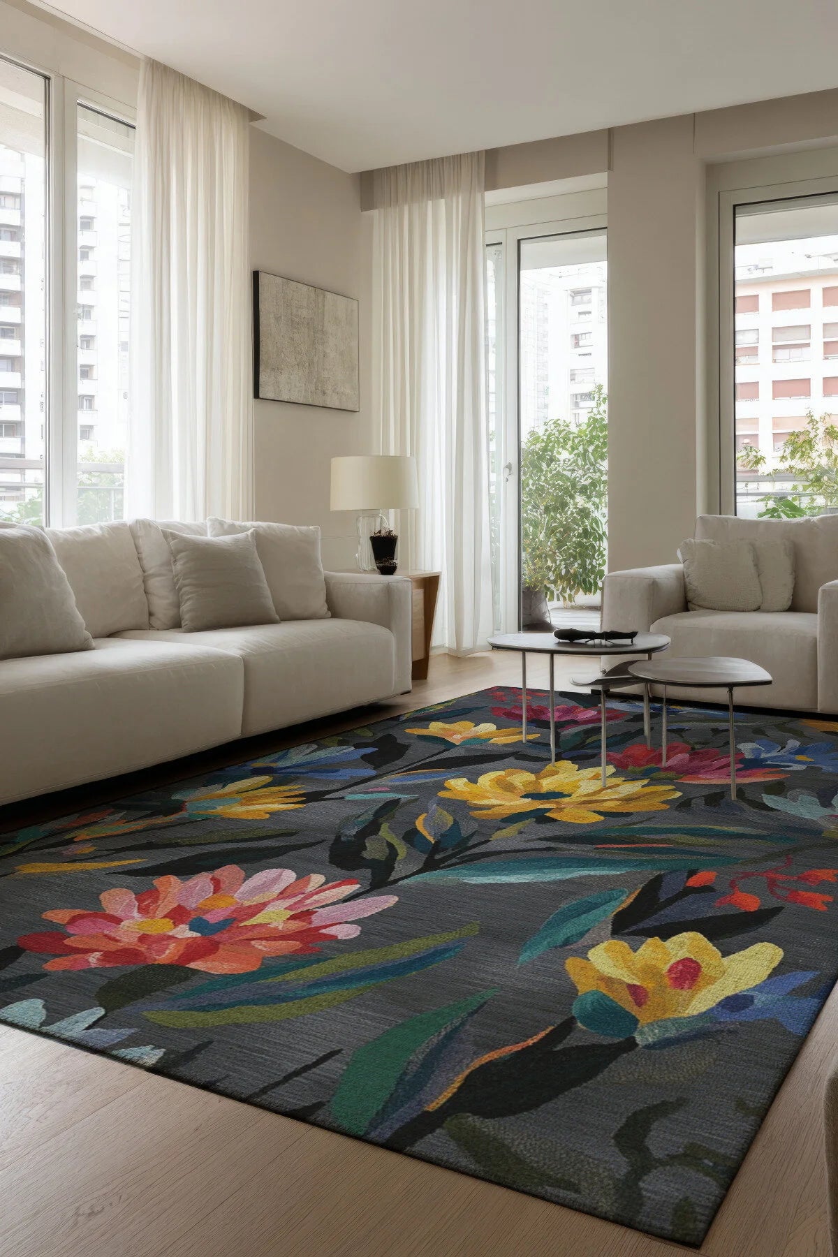 Fiora 231 Gri Renkli Çiçekli Modern Halı Yıkanabilir Dokuma Taban Salon Mutfak Oturma Odası Halısı