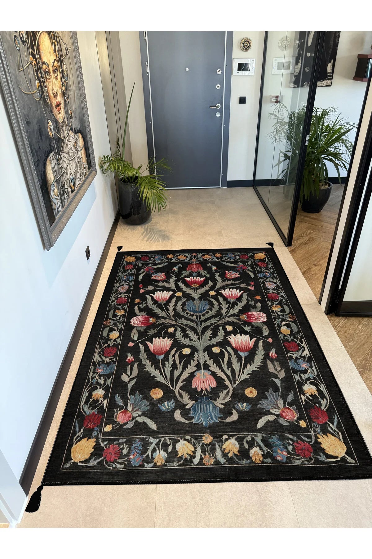 Karaköy 501 Siyah Püsküllü Etnik Geleneksel Motifli Yıkanabilir Halı Salon Oturma Odası Ev Halısı