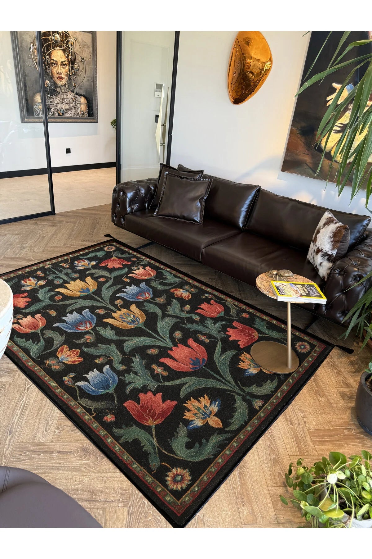 Karaköy 502 Vintage Siyah Desen Etnik Motifli Yıkanabilir Halı Salon Koridor Oturma Odası Ev Halısı