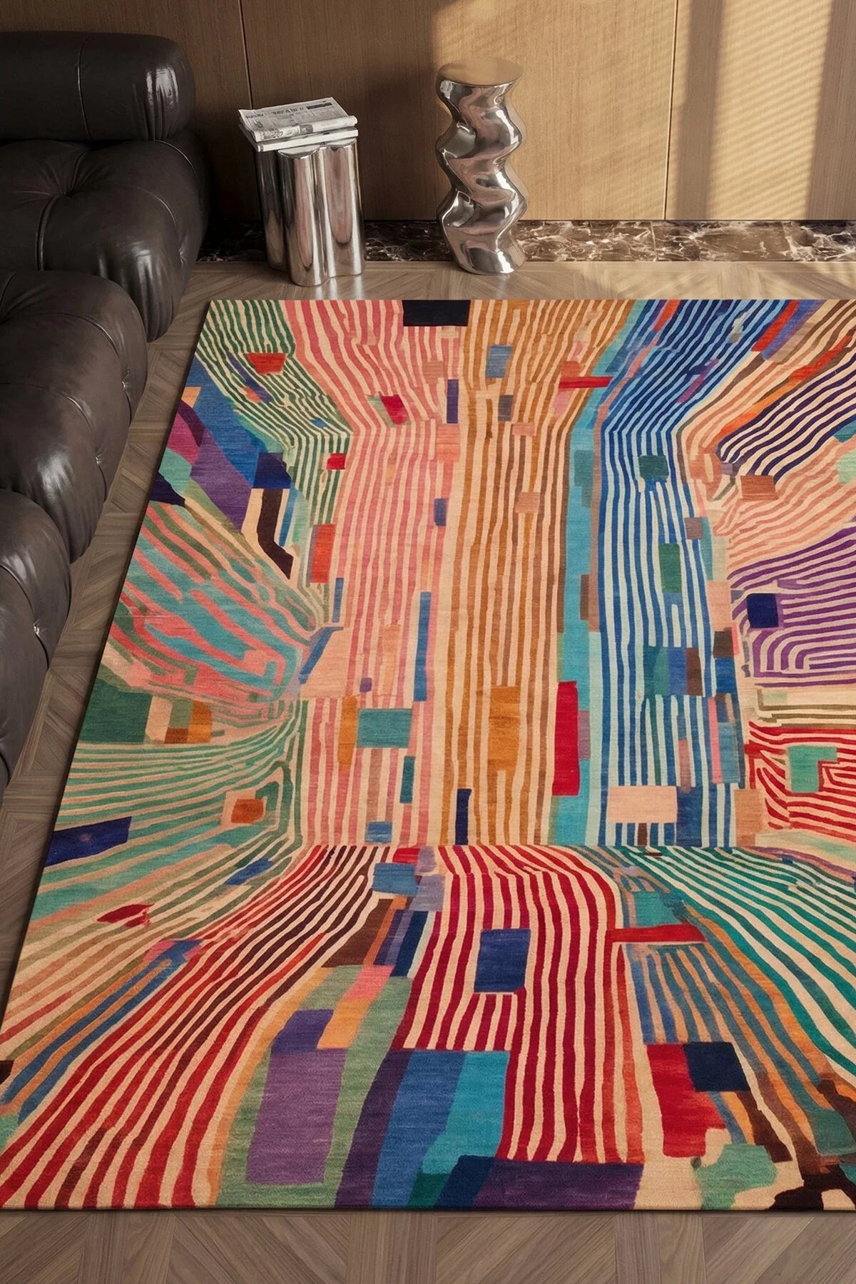 Flow 01 Çok Renkli Soyut Geometrik Desenli Yıkanabilir İnce Dijital Baskı Şönil Salon Koridor Halısı