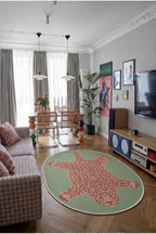 Leopar 02 Yeşil Pembe Leopar İnce Vintage Görünüm Şönil Dokuma Oval Oturma Odası Ev Mutfak Halısı