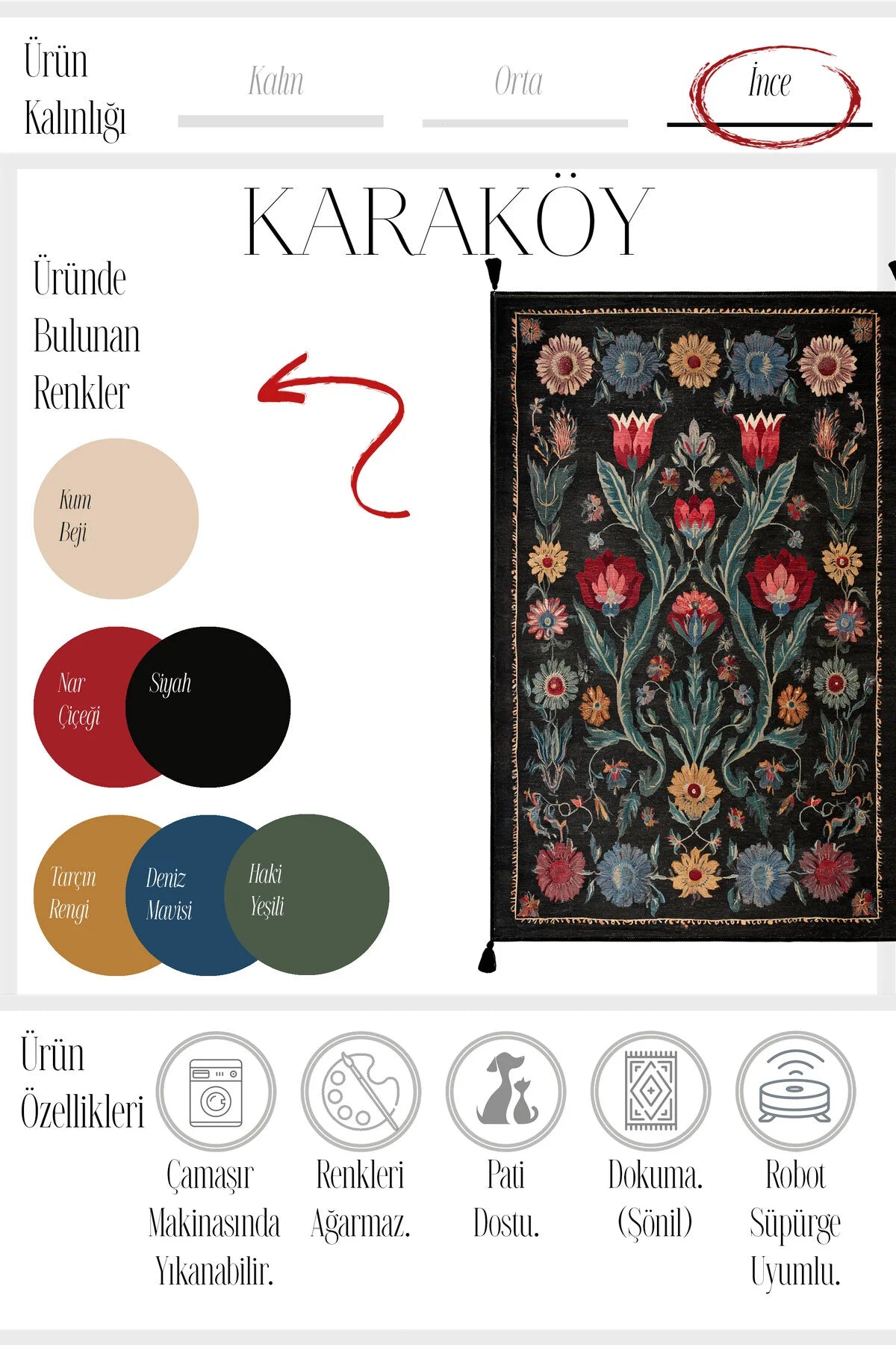 Karaköy 503 Siyah Püsküllü Vintage Motifli Renkli Yıkanabilir Halı Koridor Salon Oturma Odası Halısı