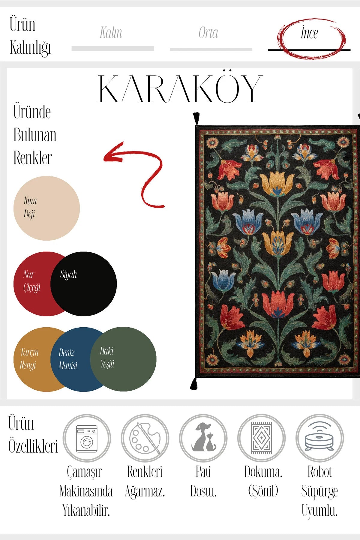Karaköy 502 Siyah Etnik Vintage Halı | Yıkanabilir Püsküllü Salon ve Yolluk Halısı