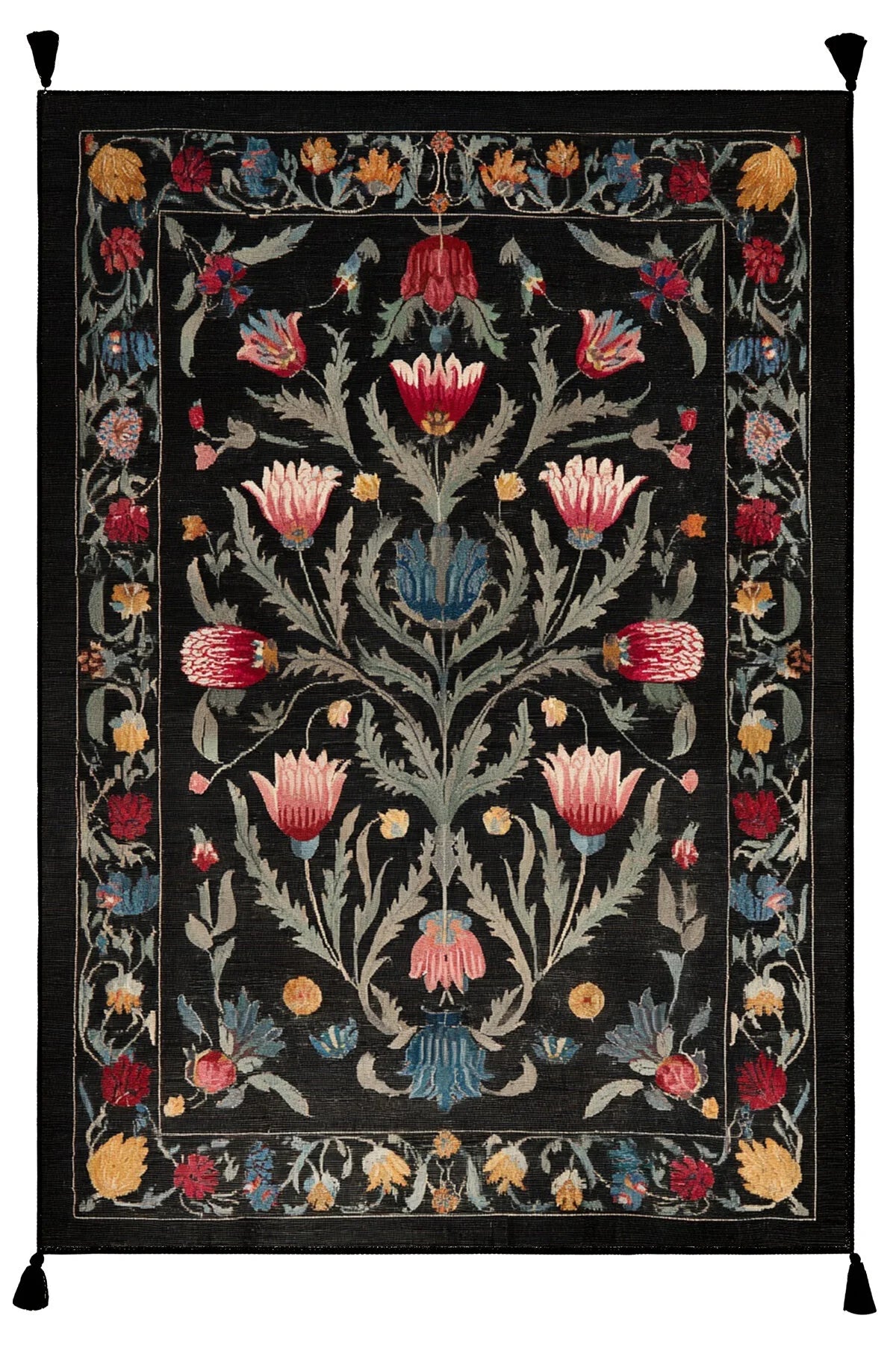 Karaköy 501 Siyah Püsküllü Etnik Geleneksel Motifli Yıkanabilir Halı Salon Oturma Odası Ev Halısı