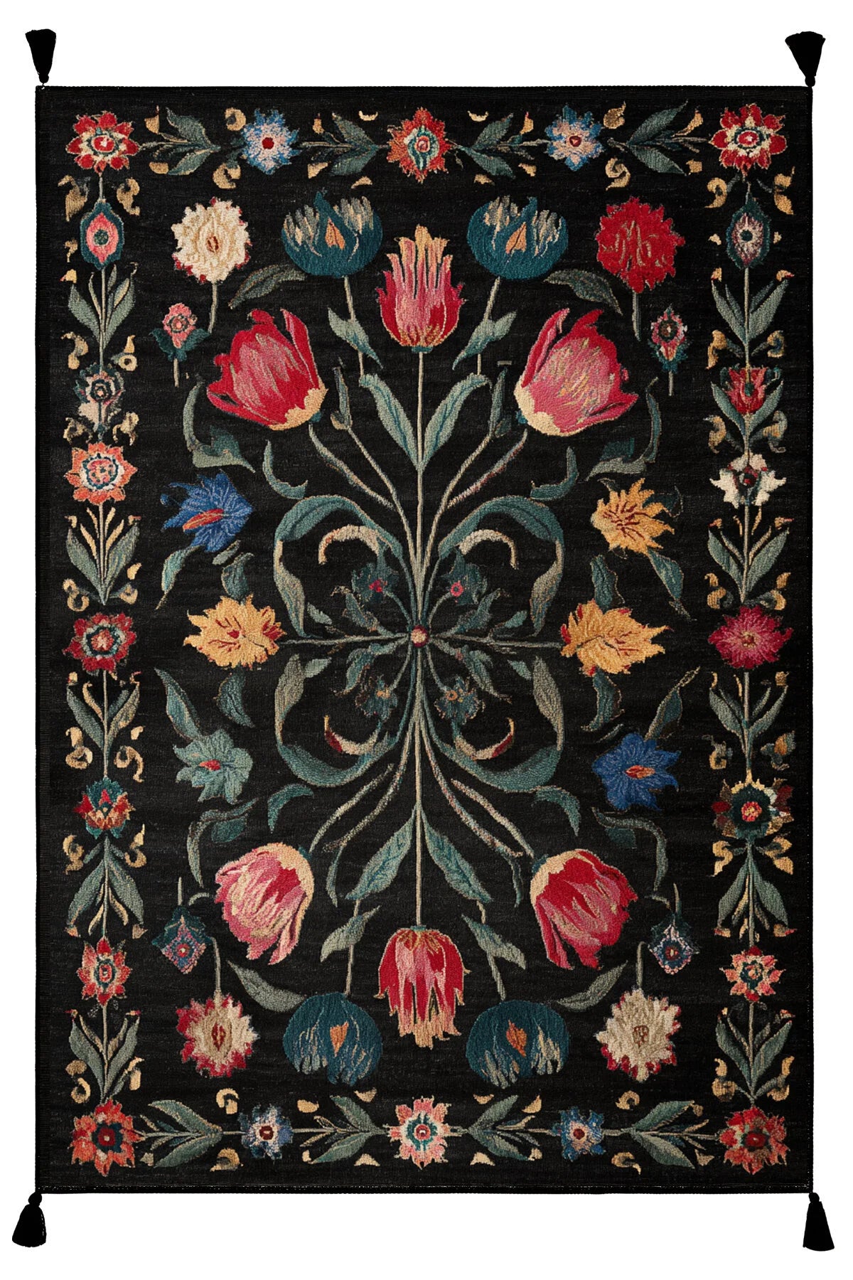 Karaköy 504 Renkli Siyah Püsküllü Tasarım Etnik Halı Yıkanabilir Halı Salon Oturma Odası Ev Halısı