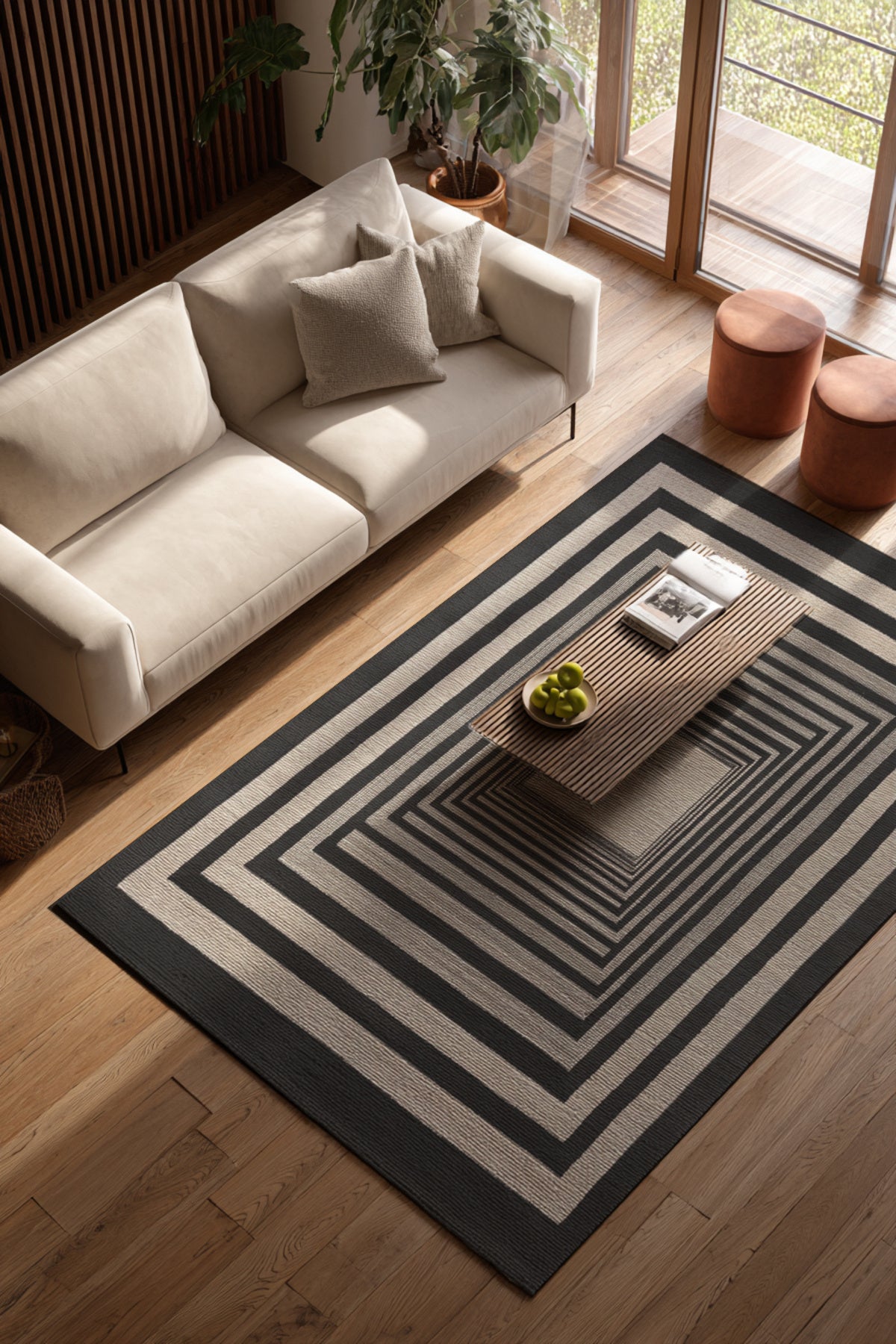 Allure 103 Siyah Bej Çizgili Tasarım Halı Yıkanabilir Halı İnce Kilim Halı Oturma Odası Salon Halısı