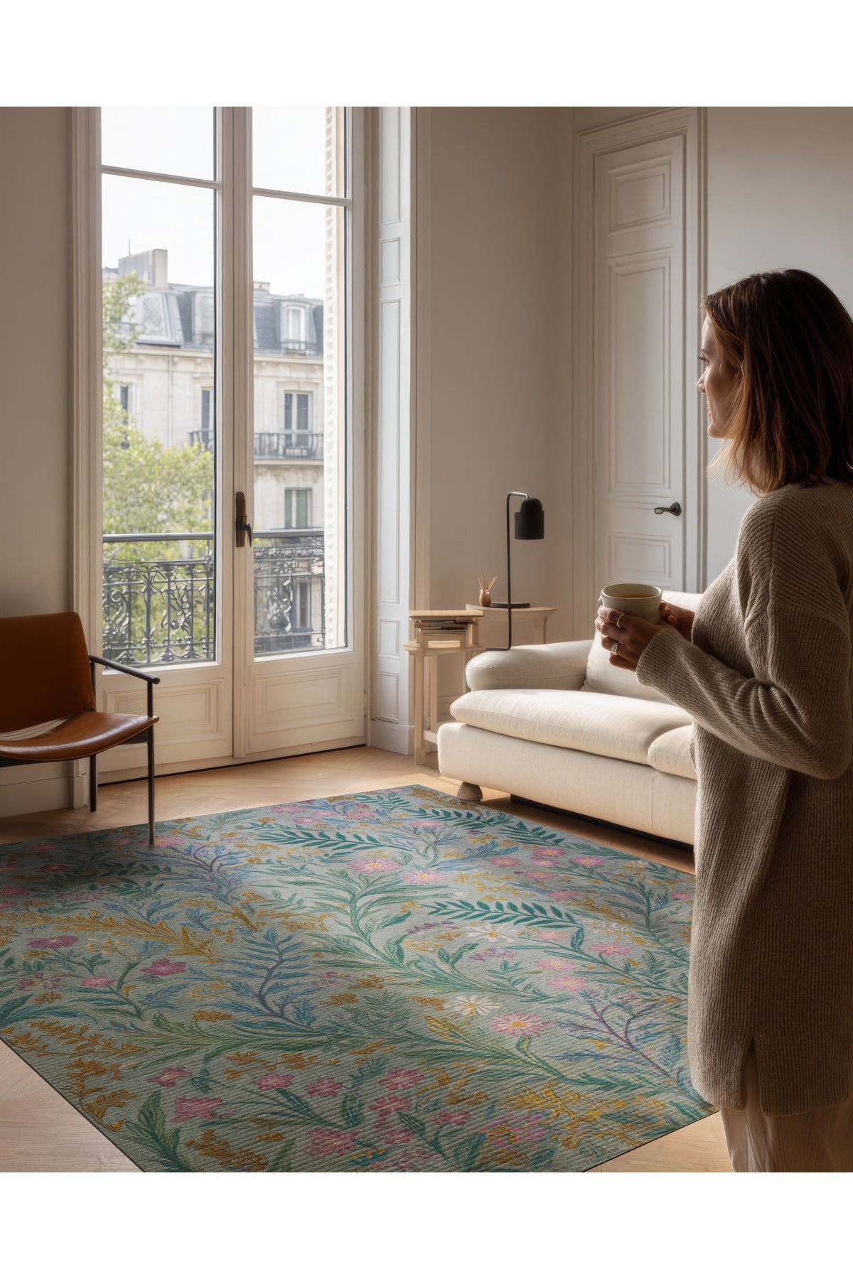 Garden 810 Yeşil Pembe Çiçekli Halı Yıkanabilir İnce Dokuma Taban Halı Salon Oturma Odası Halısı