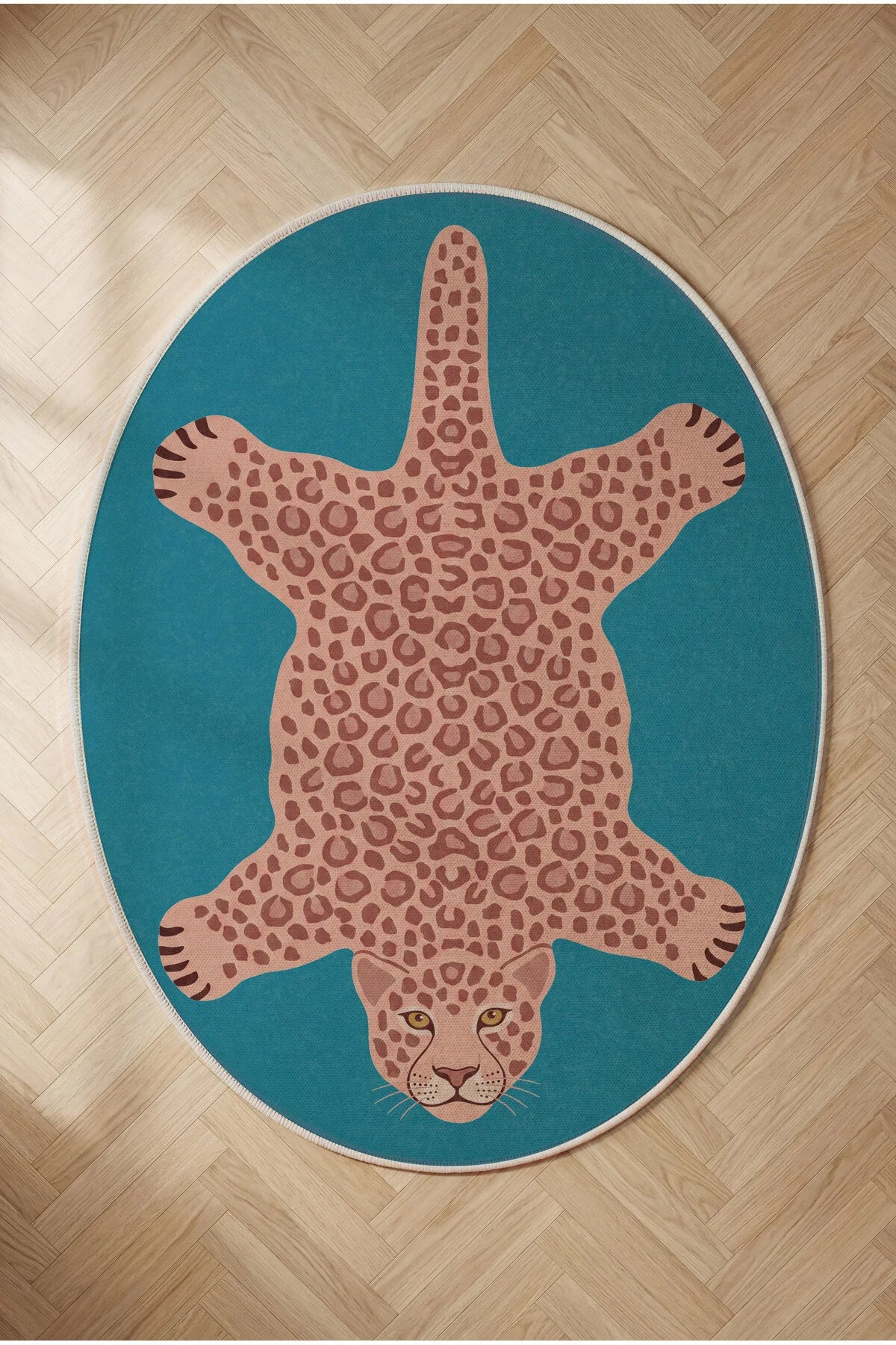 Leopar 05 Mavi Pembe Leopar İnce Vintage Görünüm Şönil Dokuma Oval Oturma Odası Ev Koridor Halısı