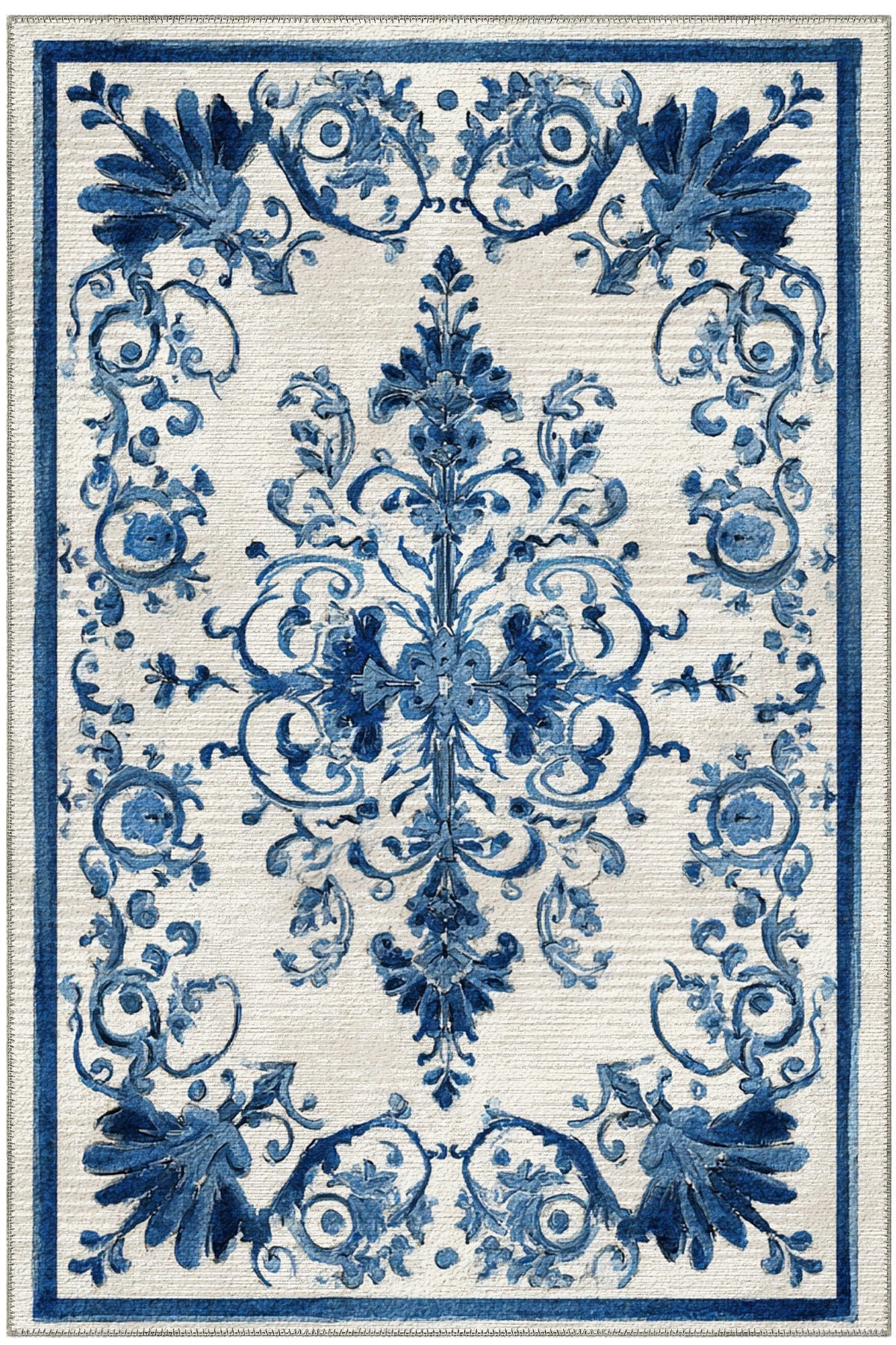 Azule 701 Mavi Beyaz Halı Etnik Desenli Halı Yıkanabilir İnce Dokuma Salon Ev Oturma Odası Halısı