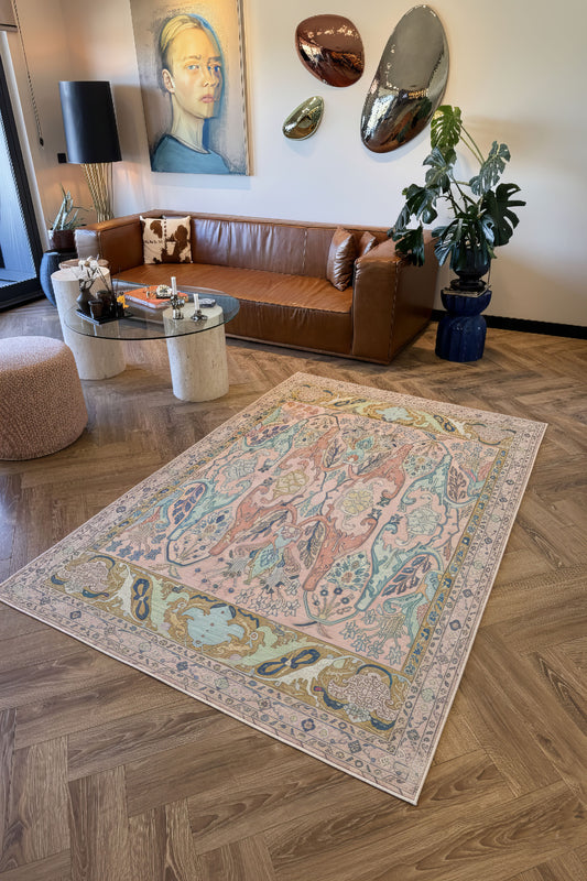 Âfitap 702 Pembe Yeşil Vintage Etnik Yıkanabilir İnce Halı Mutfak Ev Oda Salon Oturma Odası Halısı