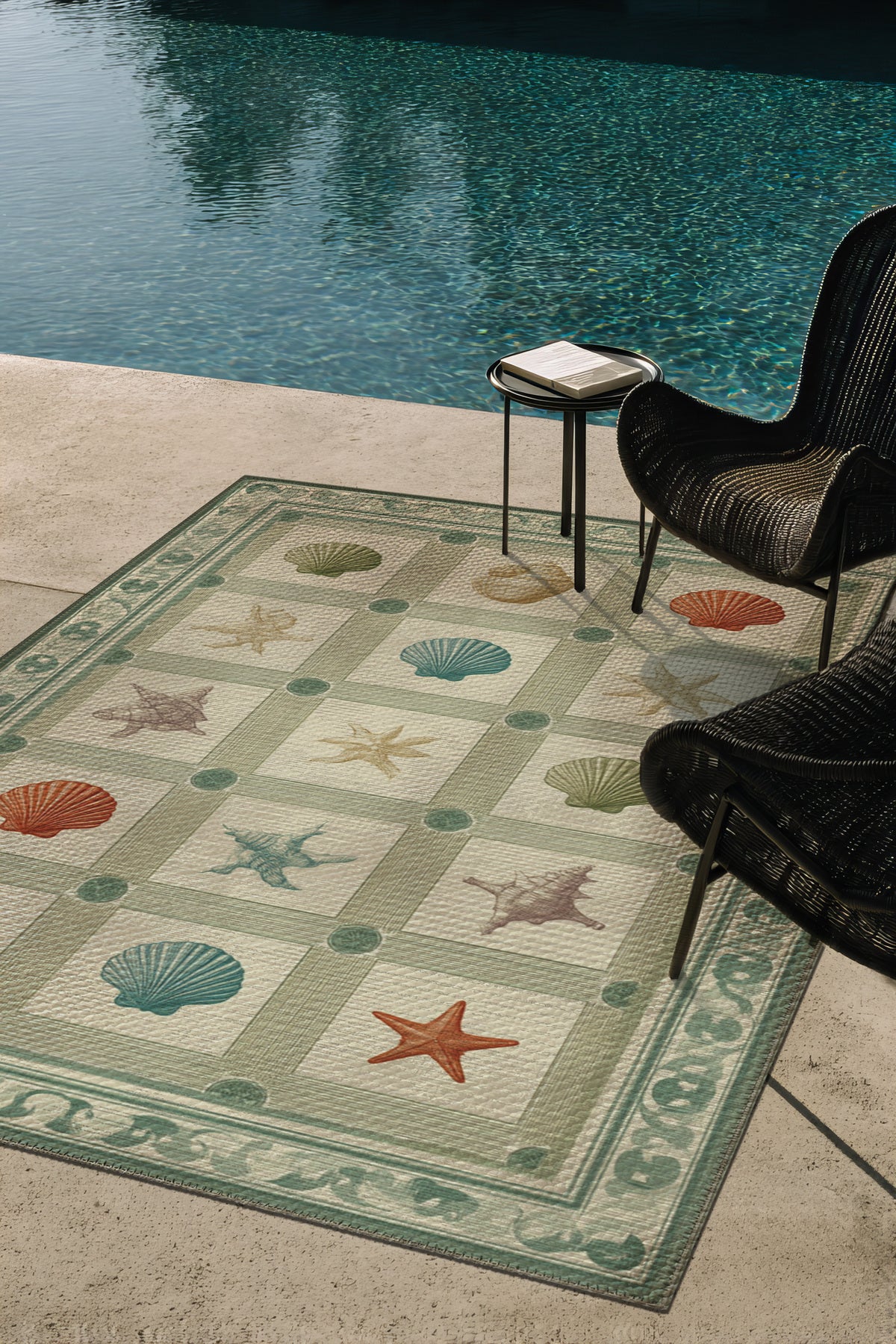 Marine 91 Yeşil Kareli Deniz Ürünleri Tasarımı Yıkanabilir Modern Oturma Odası İnce Oda Salon Halısı