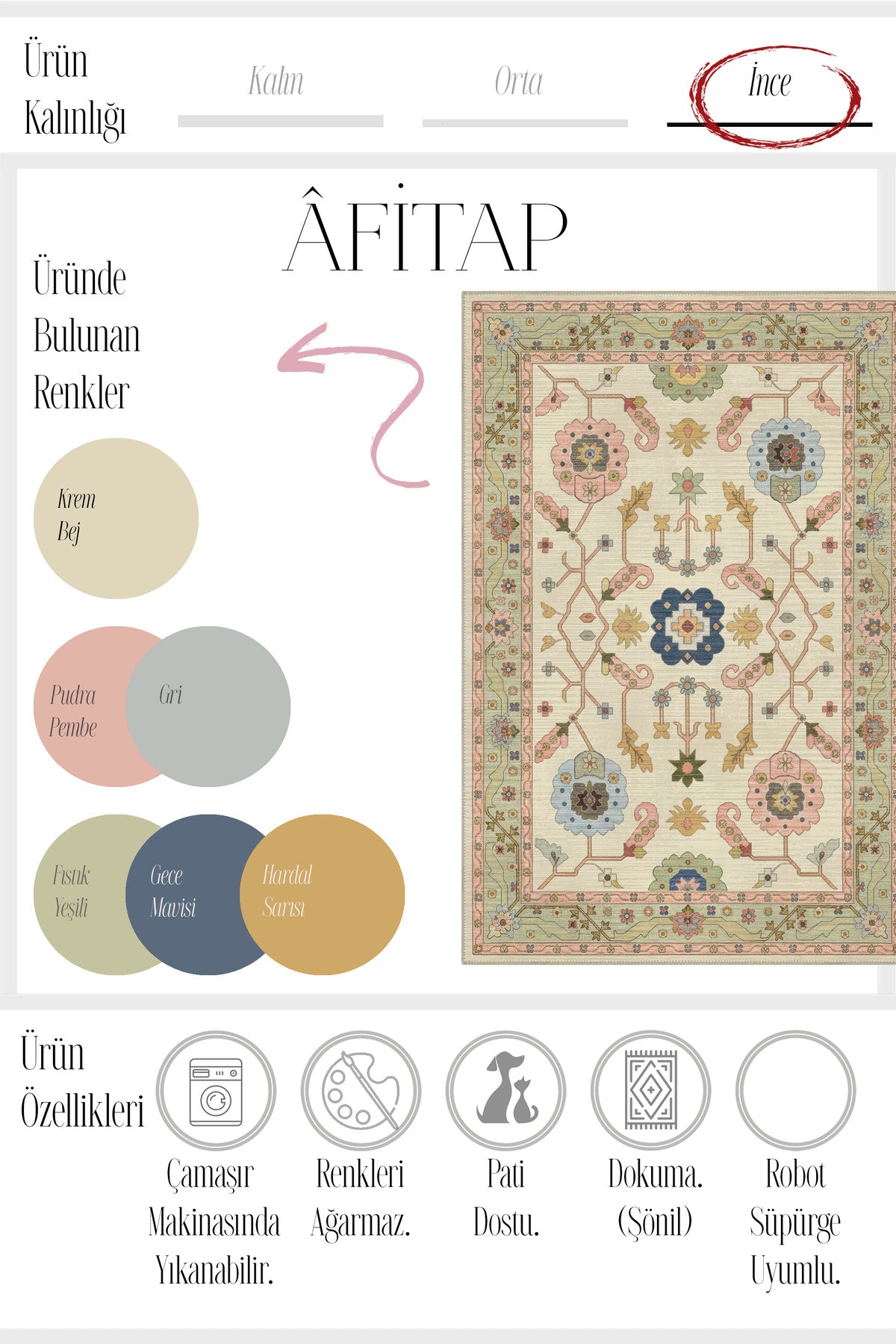 Âfitap 701 Pembe Krem Vintage Etnik Yıkanabilir İnce Halı Mutfak Ev Oda Salon Oturma Odası Halısı