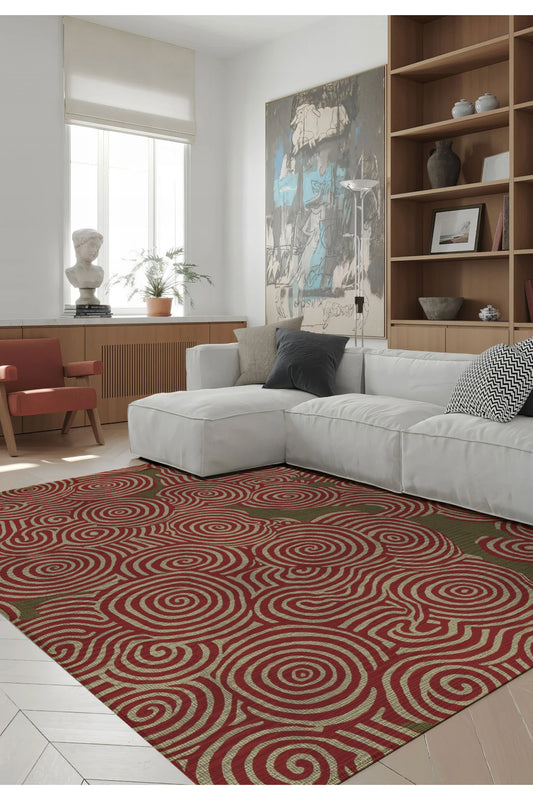 Porto 80 Yeşil Bordo Soyut Desenli Halı Tasarım Modern Oturma Odası İnce Yazlık Ev Oda Salon Halısı