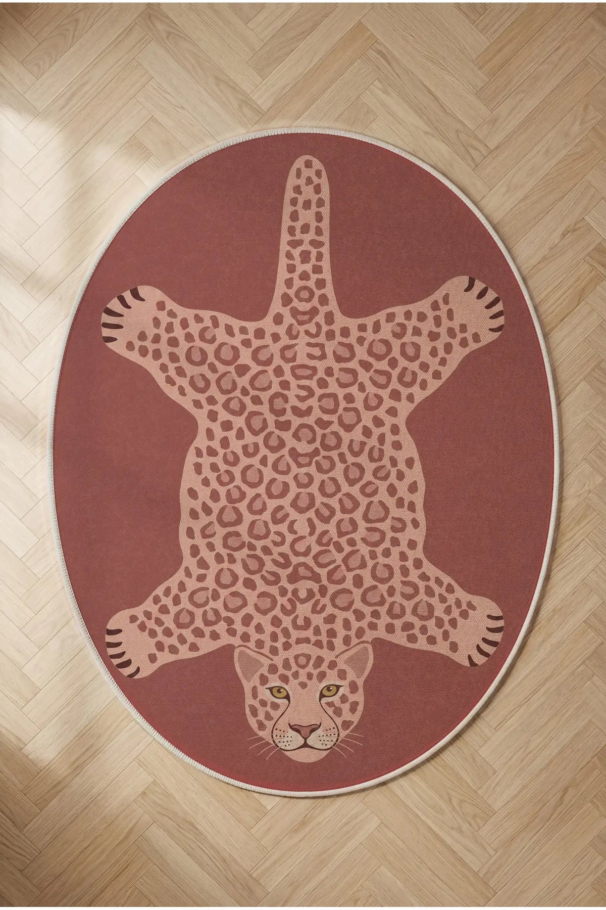 Leopar 04 Koyu Pembe Leopar İnce Vintage Görünüm Şönil Dokuma Oval Oturma Odası Ev Koridor Halısı
