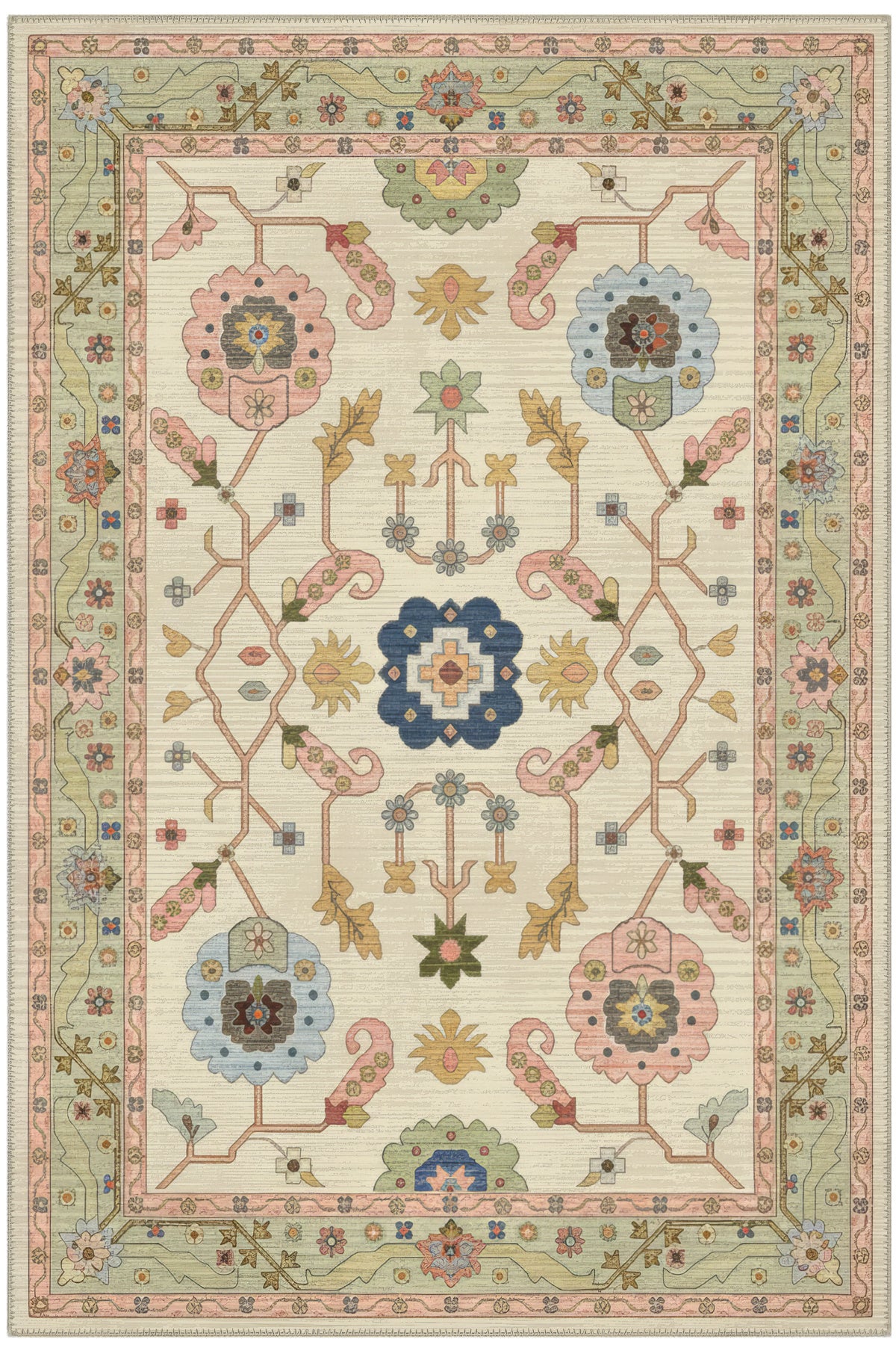 Âfitap 701 Pembe Krem Vintage Etnik Yıkanabilir İnce Halı Mutfak Ev Oda Salon Oturma Odası Halısı