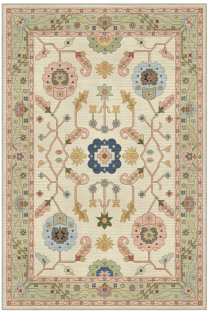 Âfitap 701 Pembe Krem Vintage Etnik Yıkanabilir İnce Halı Mutfak Ev Oda Salon Oturma Odası Halısı