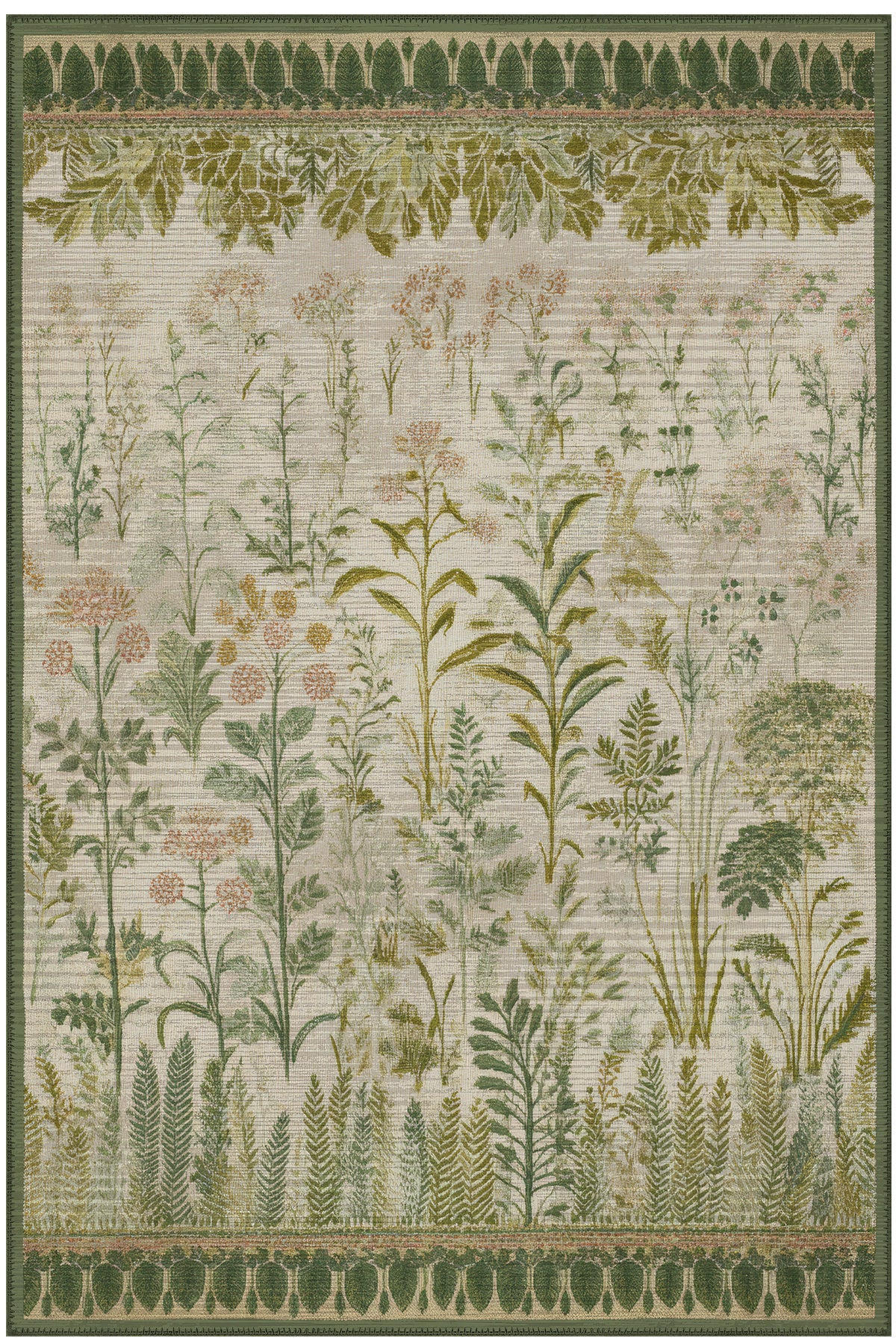 Garden 811 Yeşil Bej Botanik Çiçekli Halı Yıkanabilir İnce Dokuma Taban Salon Oturma Odası Halısı