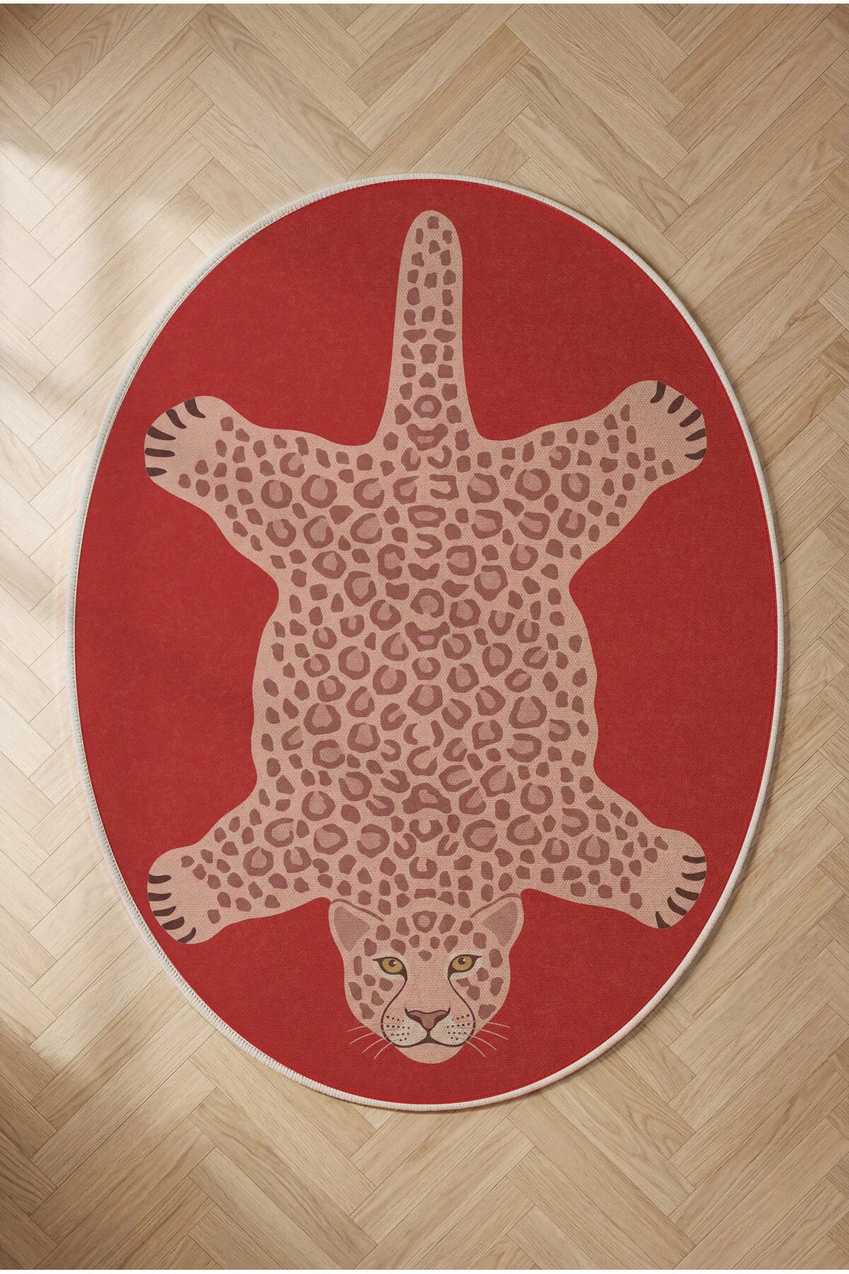Leopar 03 Kırmızı Pembe Leopar İnce Vintage Görünüm Şönil Dokuma Oval Oturma Odası Ev Koridor Halısı