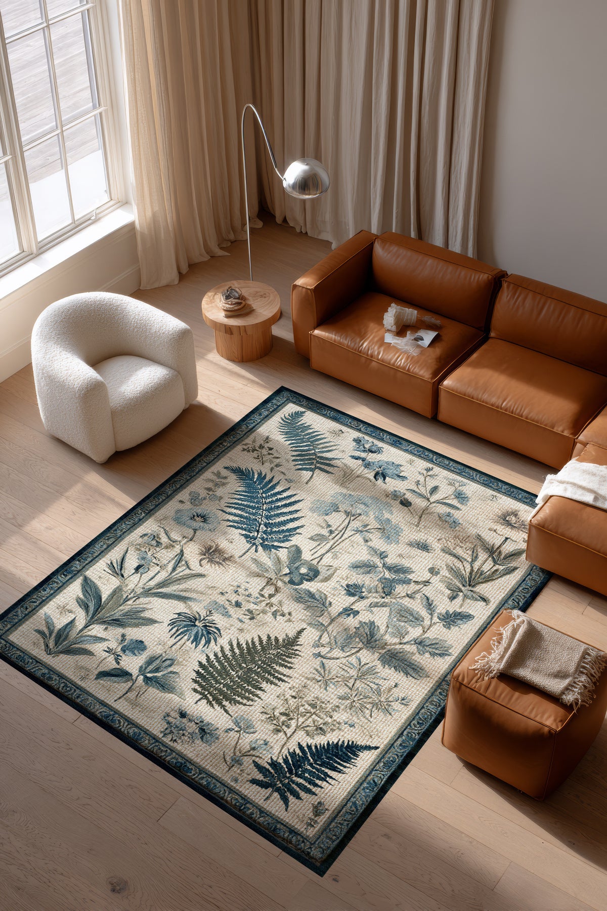 Garden 814 Bej Mavi Botanik Çiçekli Halı Yıkanabilir İnce Dokuma Taban Salon Oturma Odası Halısı