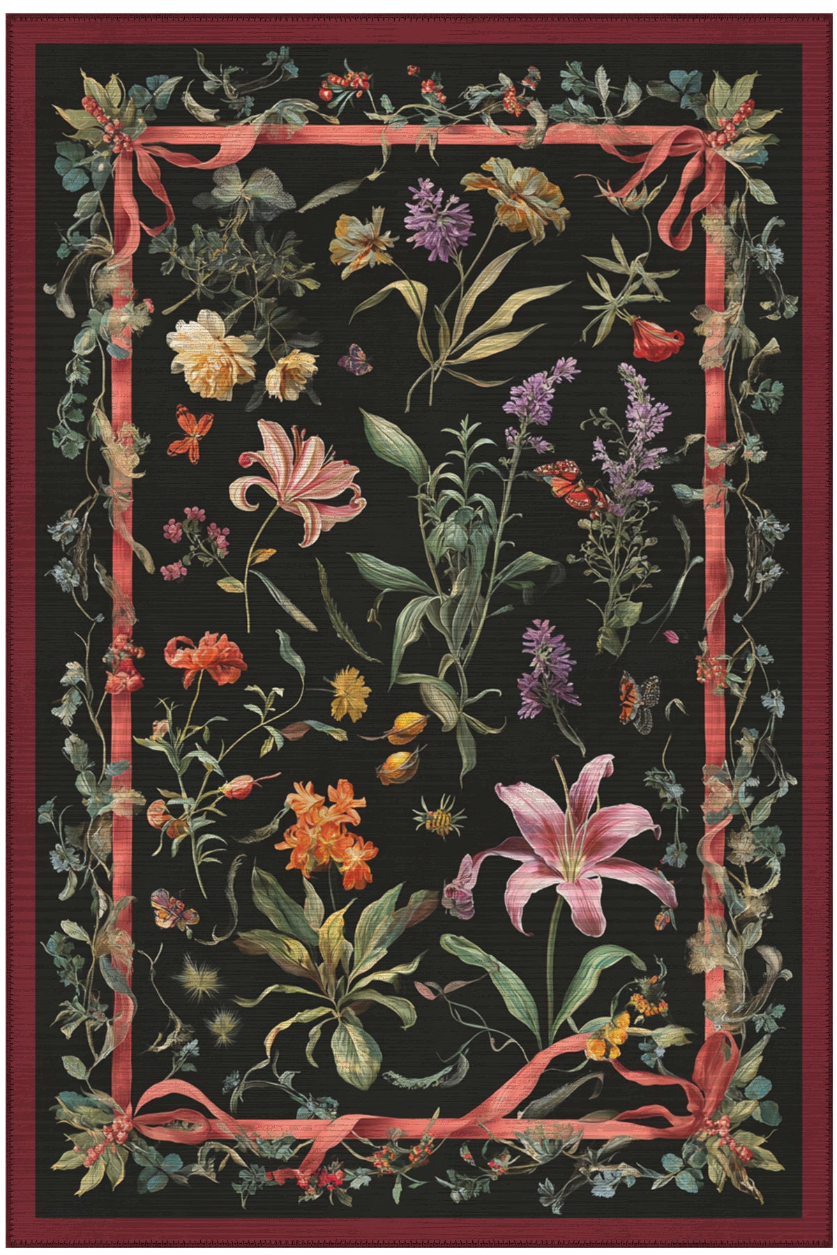 Fiora 225 Siyah Halı Çiçekli Halı Tasarım Halı Yıkanabilir İnce Dokuma Salon Ev Oturma Odası Halısı