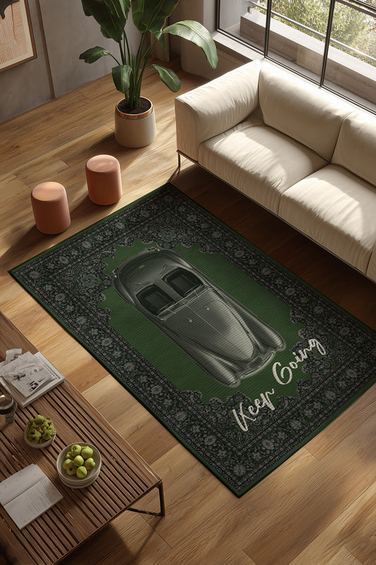 Retro 105 Yeşil Vintage Retro Araba Figürlü Makinede Yıkanabilir Halı Salon Oturma Ev Oda Halısı