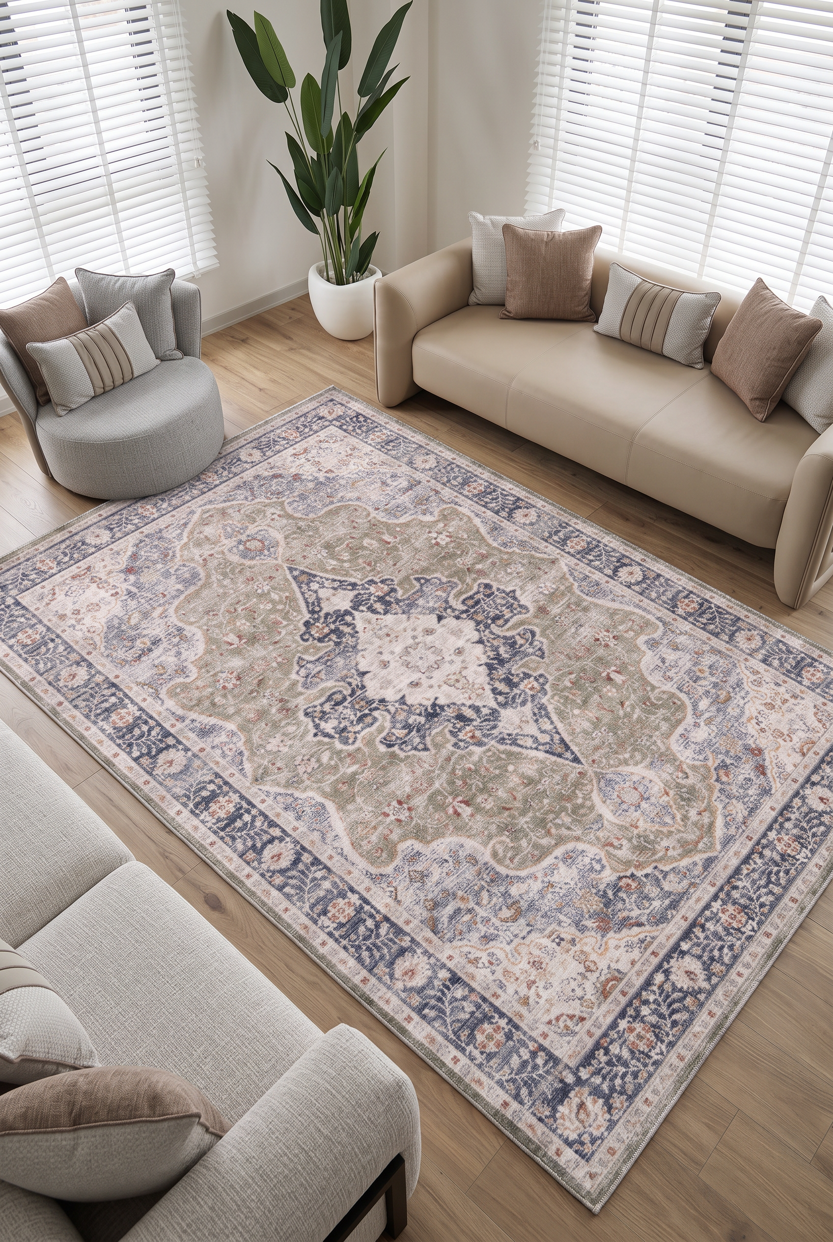 Zümrüt 01 Göbekli Krem Lacivert Yeşil Vintage Desenli Eskitme İnce Yıkanabilir Salon Ev Oda Halısı
