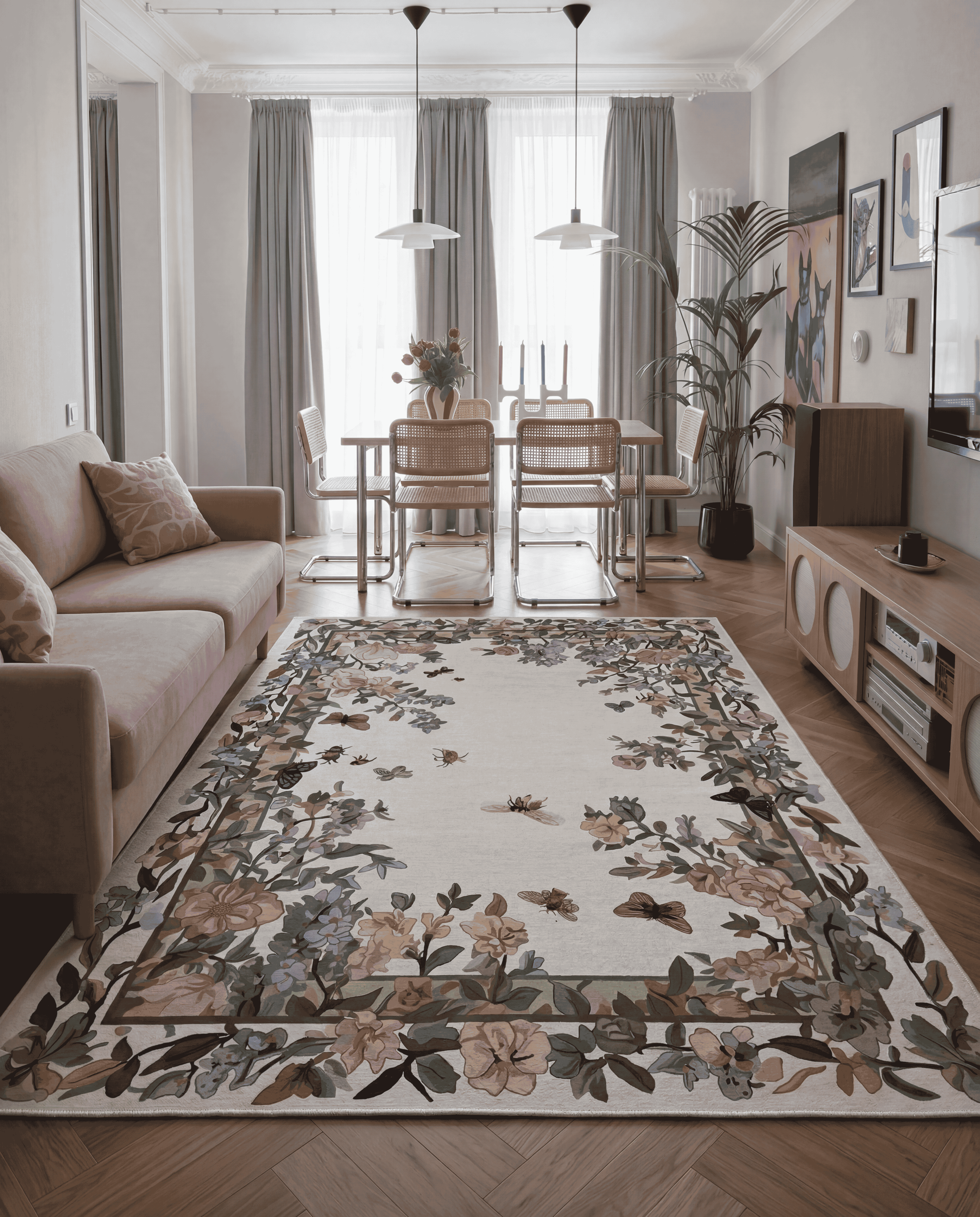 Fiora 230 Bej Renkli Çiçekli Halı Dokuma Taban Salon Mutfak Oturma Odası Halısı