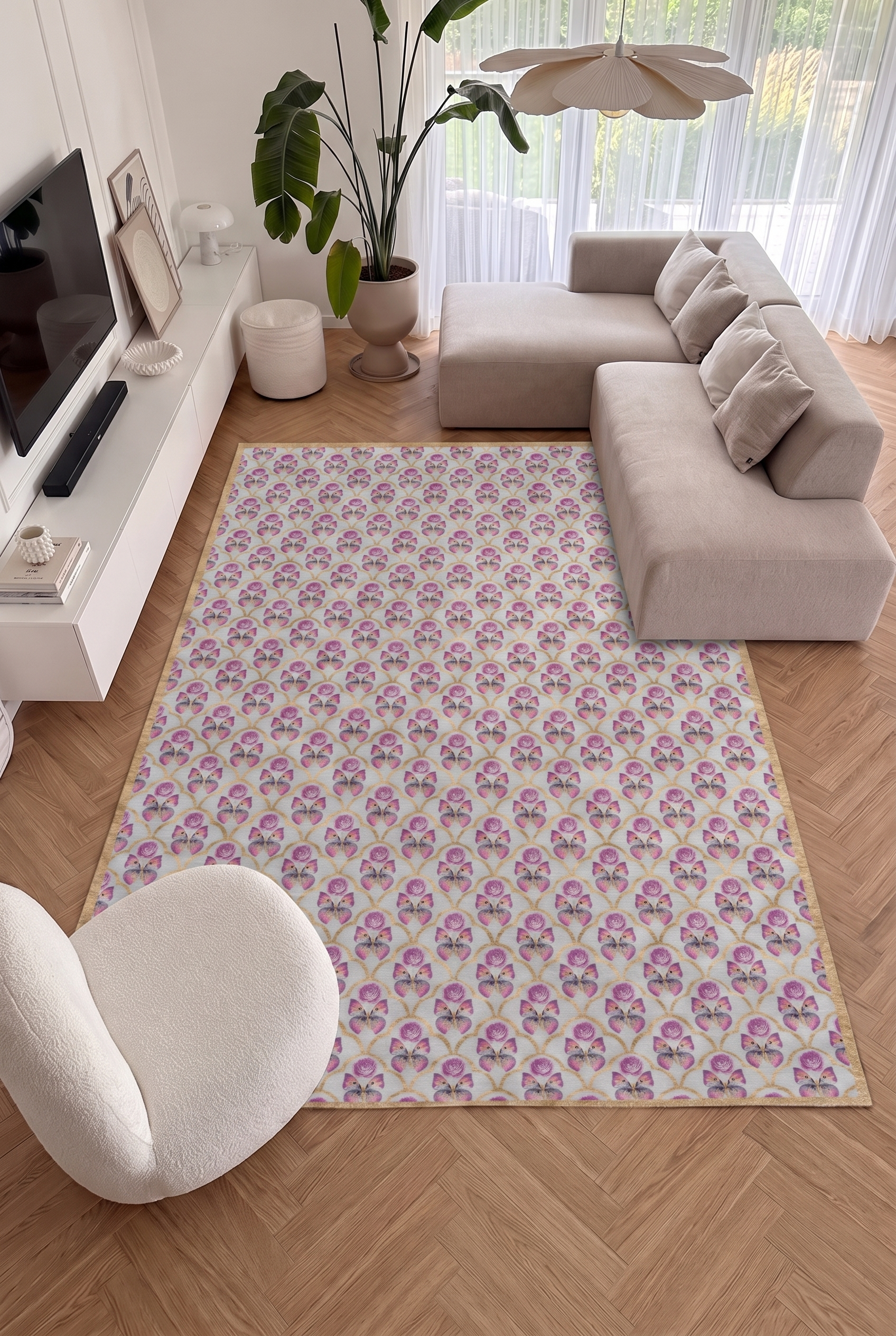 Rose 01 Mor Pembe Kelebekli Gül Desenli Açık Gri Yıkanabilir Dijital Baskı Şönil Mutfak Salon Ev Oda Koridor Halısı