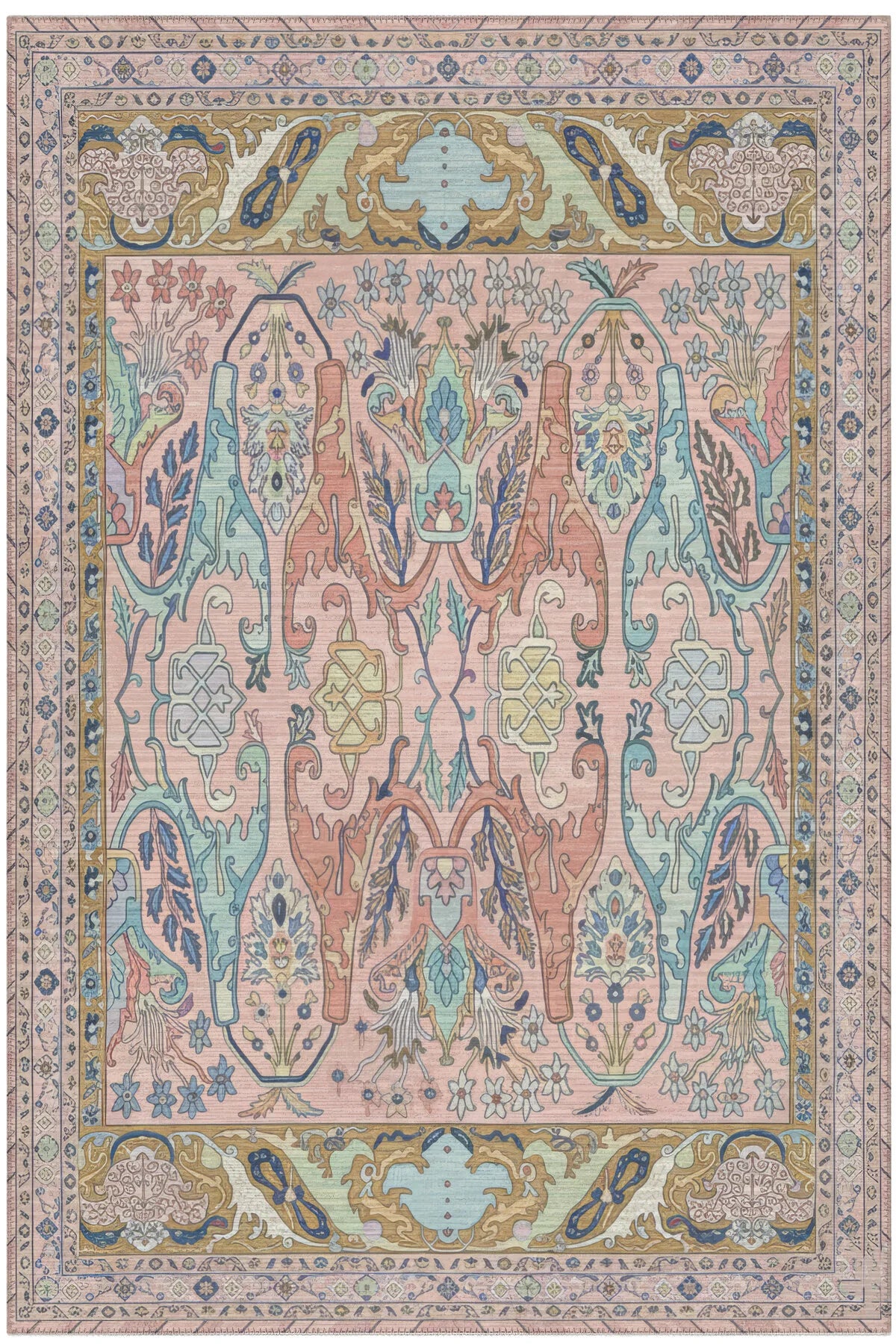 Âfitap 702 Pembe Yeşil Vintage Etnik Yıkanabilir İnce Halı Mutfak Ev Oda Salon Oturma Odası Halısı