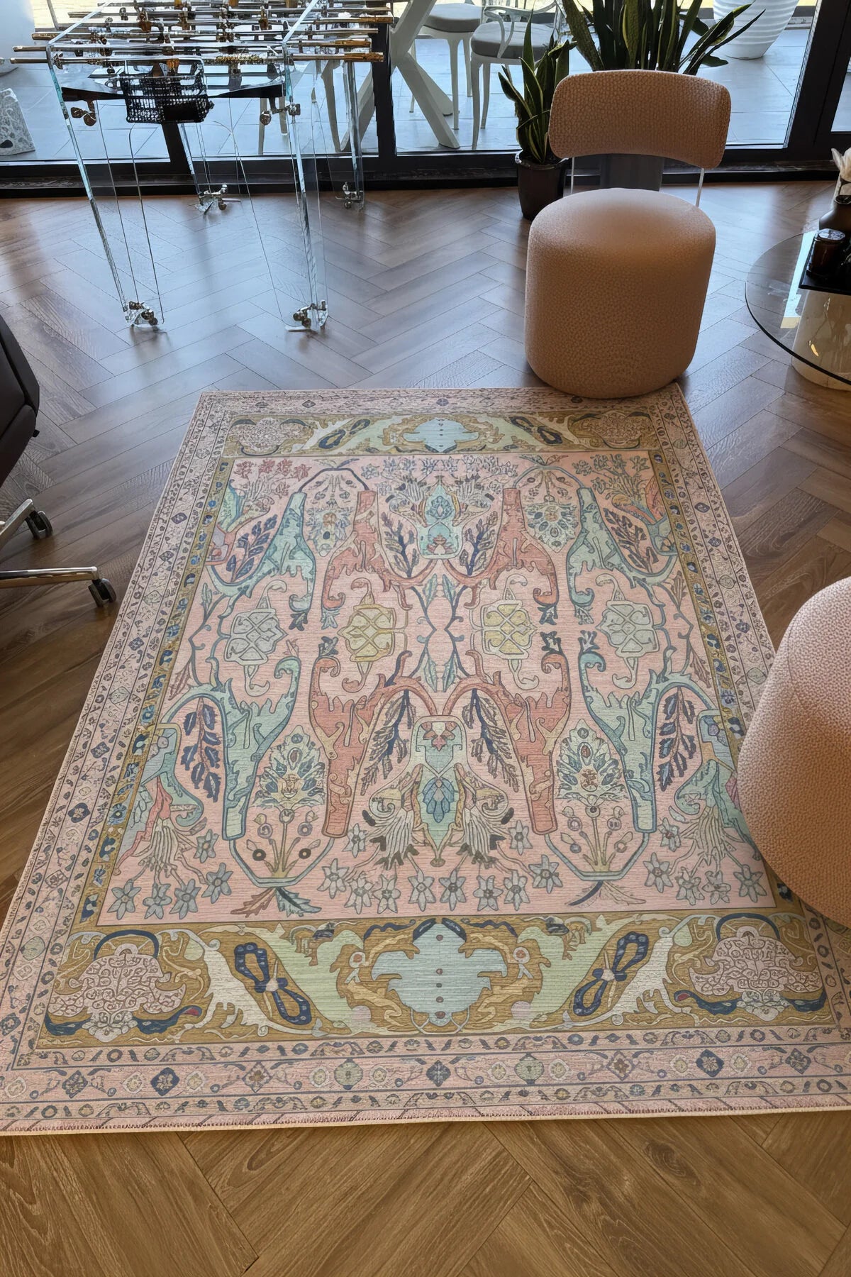 Âfitap 702 Pembe Yeşil Vintage Etnik Yıkanabilir İnce Halı Mutfak Ev Oda Salon Oturma Odası Halısı