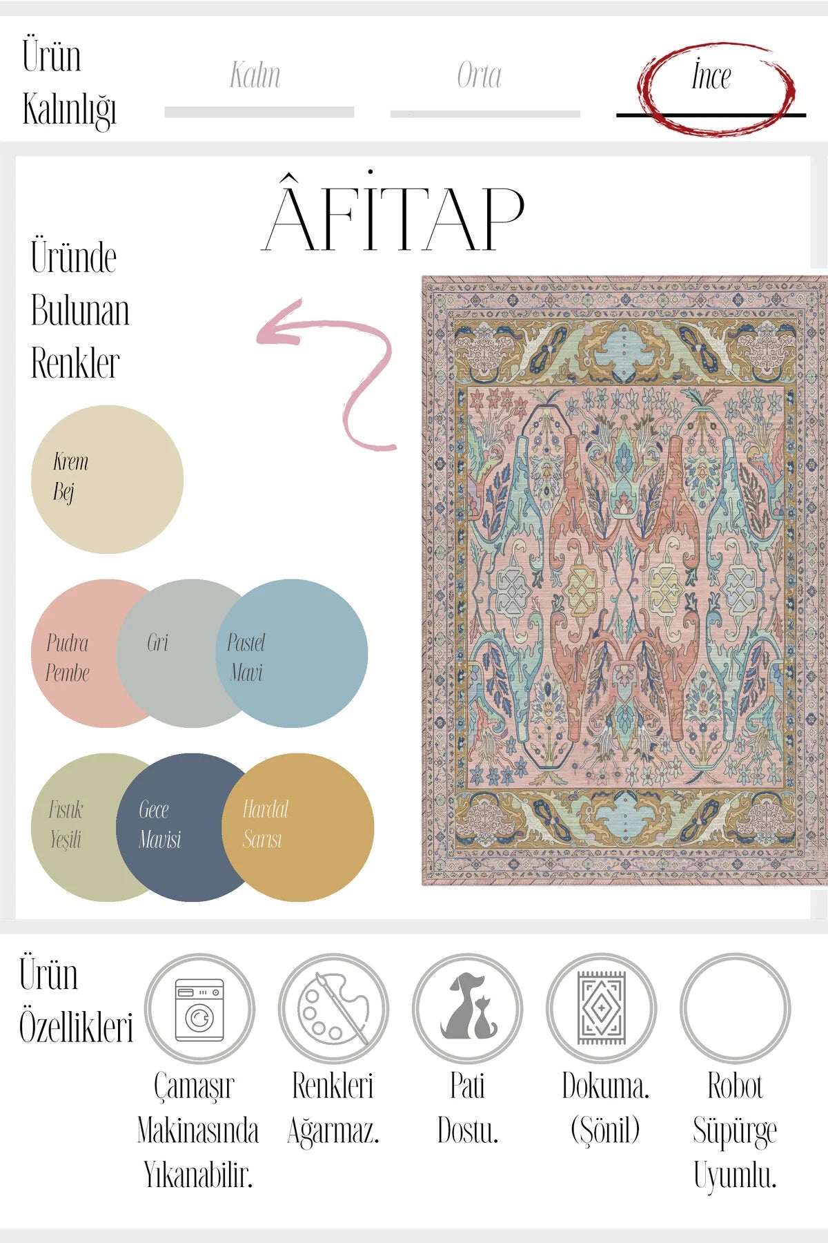 Âfitap 702 Pembe Yeşil Vintage Etnik Yıkanabilir İnce Halı Mutfak Ev Oda Salon Oturma Odası Halısı