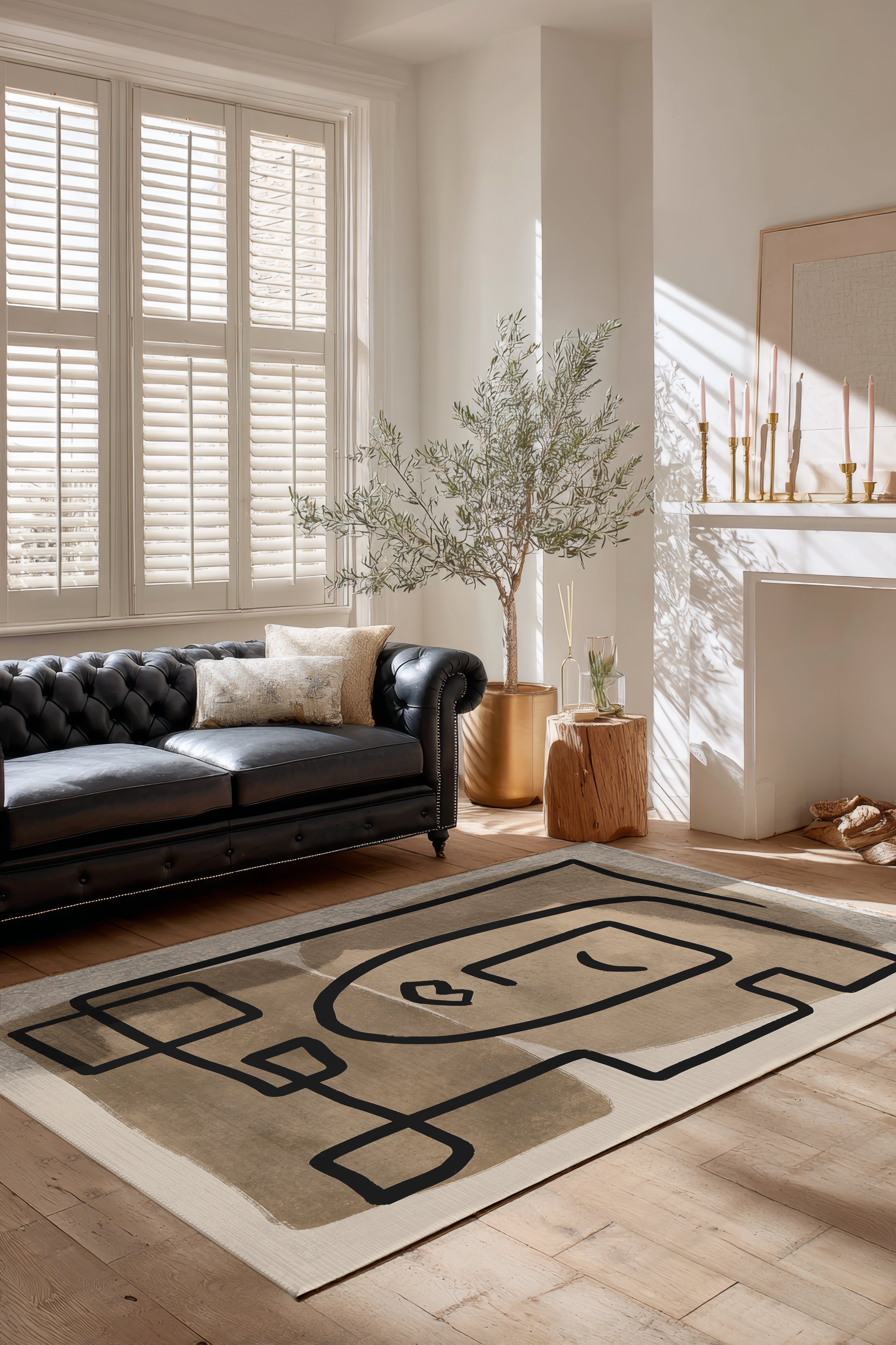 Allure 102 Siyah Bej Yüz Tasarım Halı Yıkanabilir Halı İnce Kilim Halı Oturma Odası Salon Halısı