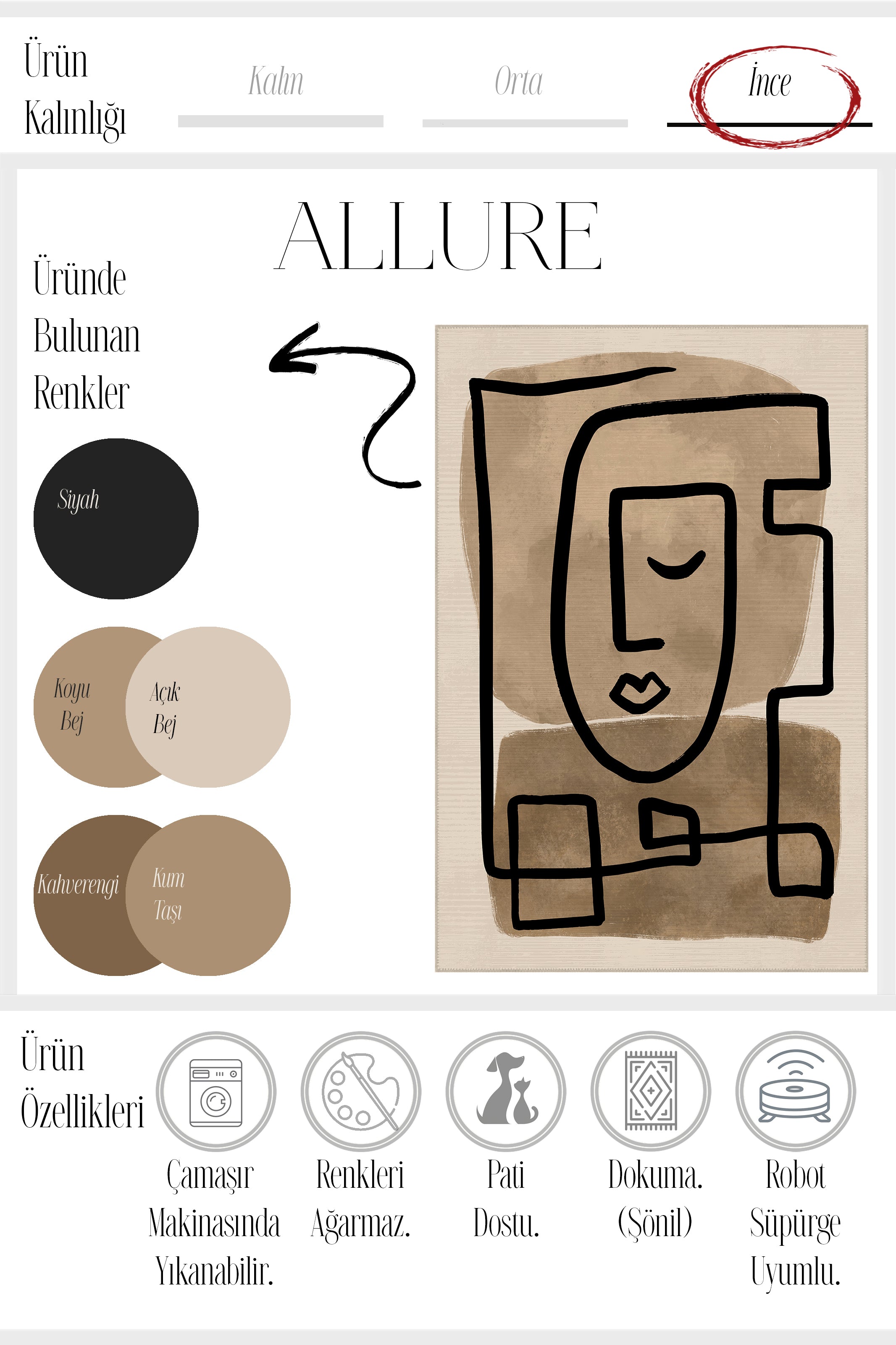 Allure 102 Siyah Bej Yüz Tasarım Halı Yıkanabilir Halı İnce Kilim Halı Oturma Odası Salon Halısı