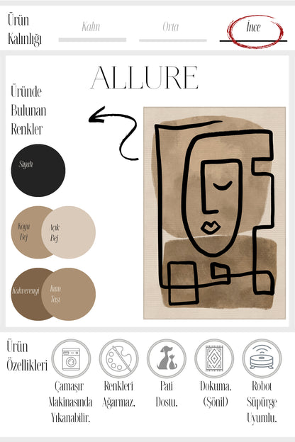 Allure 102 Siyah Bej Yüz Tasarım Halı Yıkanabilir Halı İnce Kilim Halı Oturma Odası Salon Halısı