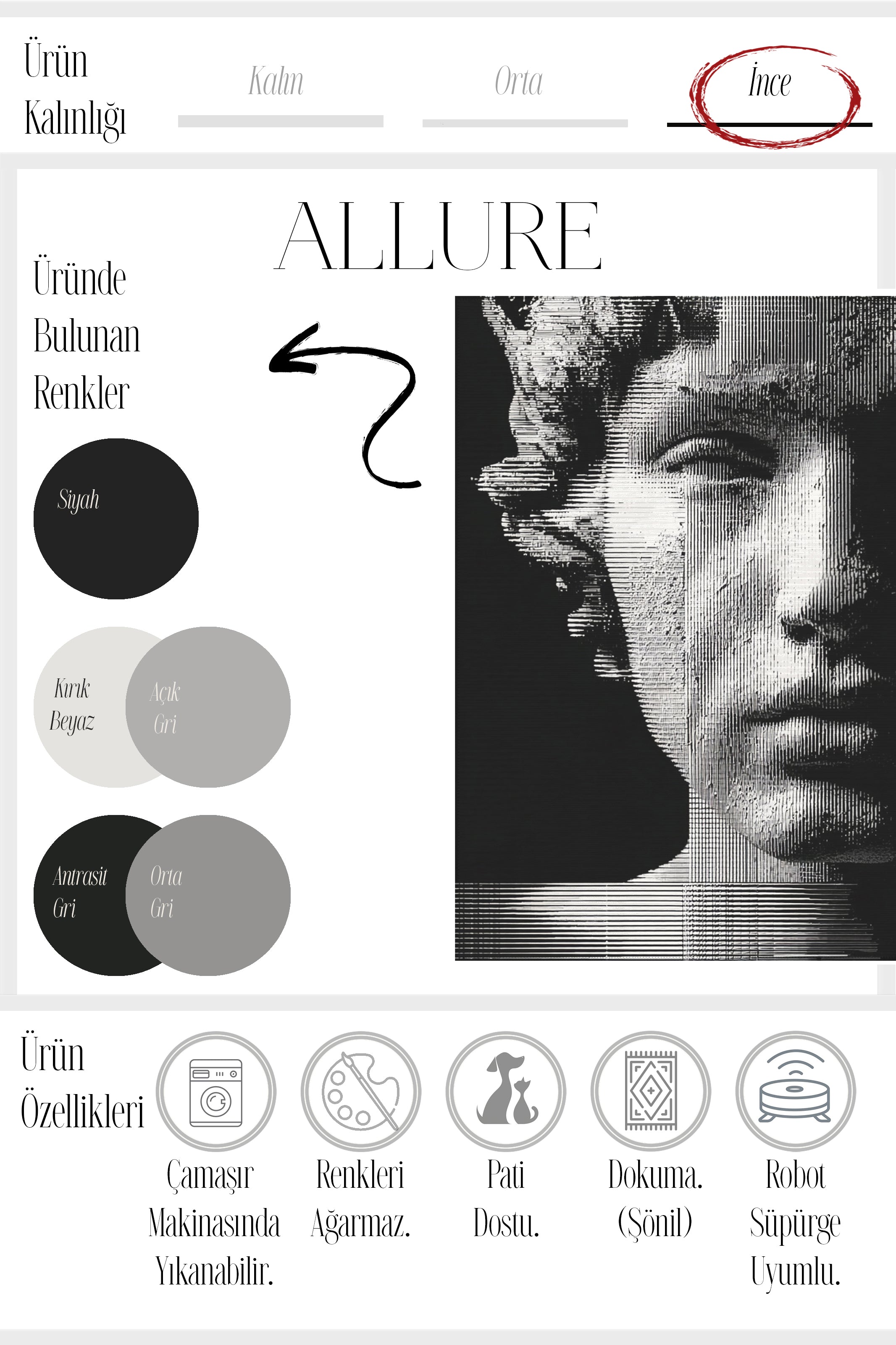 Allure 101 Siyah Beyaz Yüz Tasarım Halı Yıkanabilir Halı İnce Kilim Halı Oturma Odası Salon Halısı