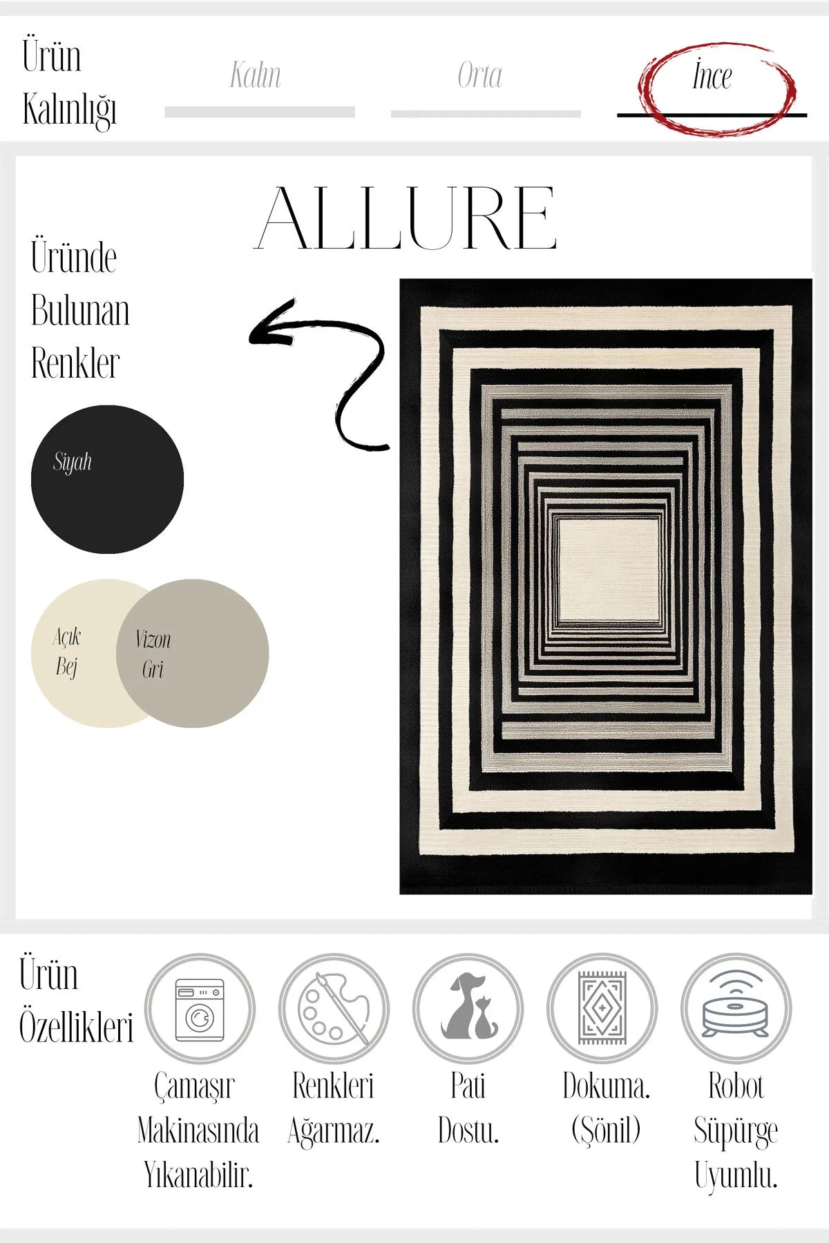 Allure 103 Siyah Bej Çizgili Tasarım Halı Yıkanabilir Halı İnce Kilim Halı Oturma Odası Salon Halısı