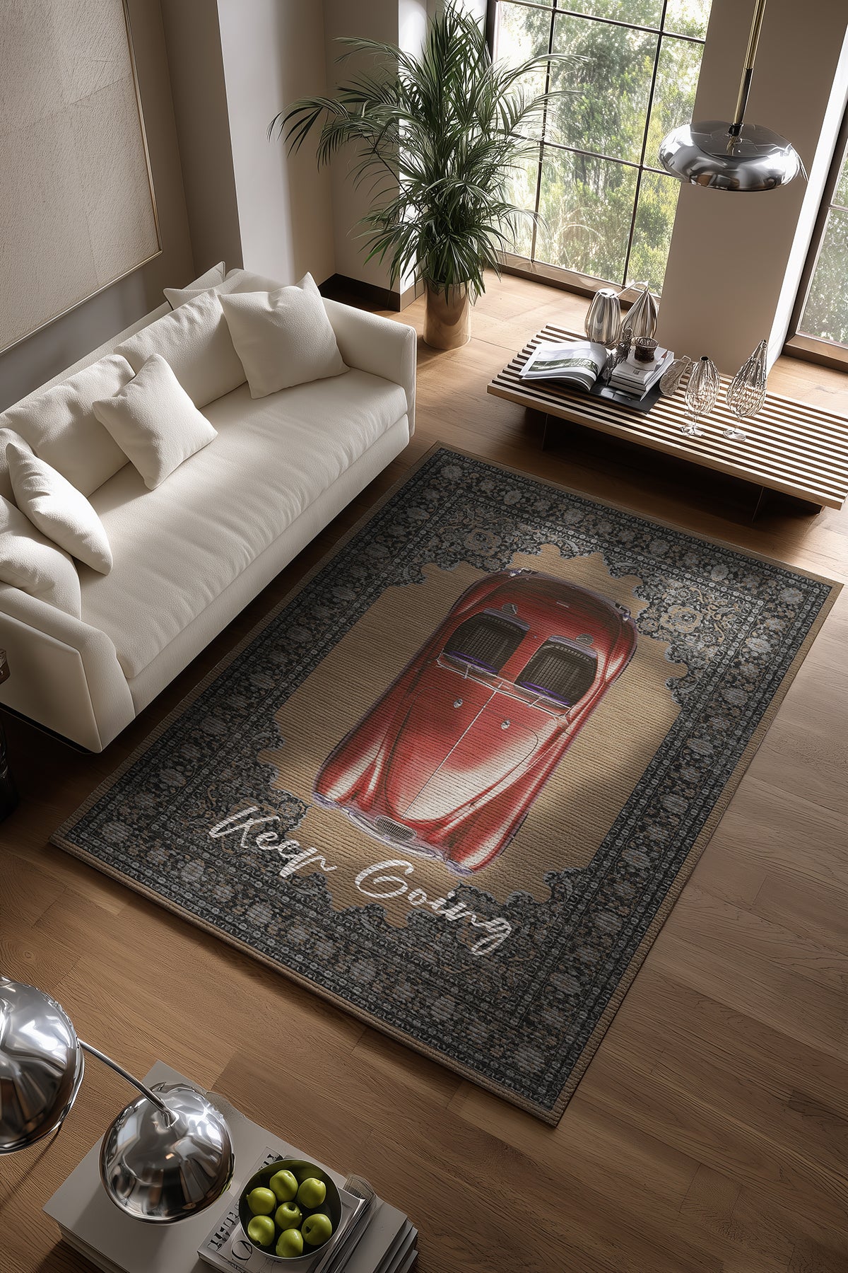 Retro 103 Bej Kırmızı Vintage Retro Araba Keep Going Yazılı Tasarım Halı Salon Oturma Ev Oda Halısı