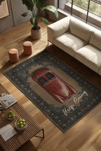 Retro 103 Bej Kırmızı Vintage Retro Araba Keep Going Yazılı Tasarım Halı Salon Oturma Ev Oda Halısı