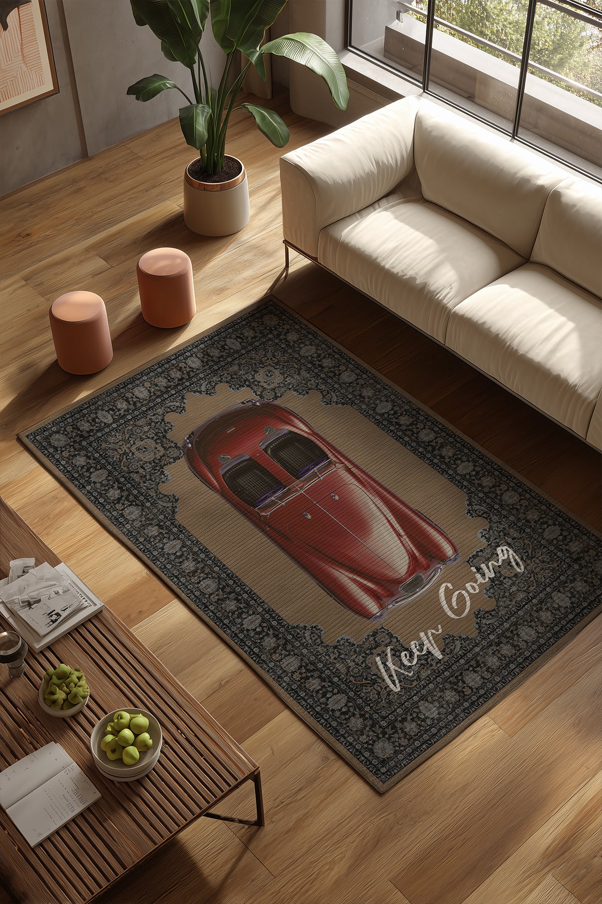 Retro 103 Bej Kırmızı Vintage Retro Araba Keep Going Yazılı Tasarım Halı Salon Oturma Ev Oda Halısı