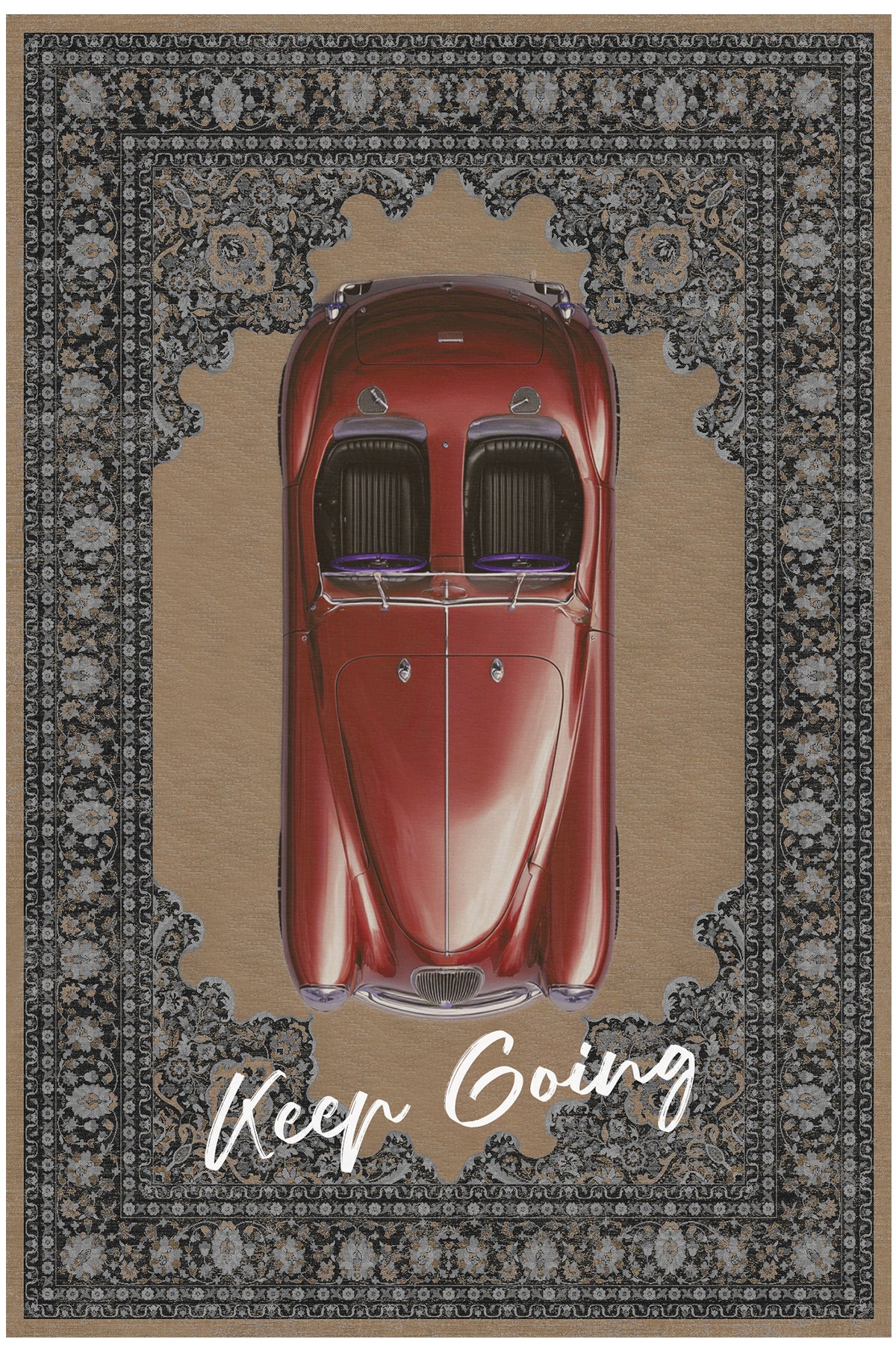 Retro 103 Bej Kırmızı Vintage Retro Araba Keep Going Yazılı Tasarım Halı Salon Oturma Ev Oda Halısı