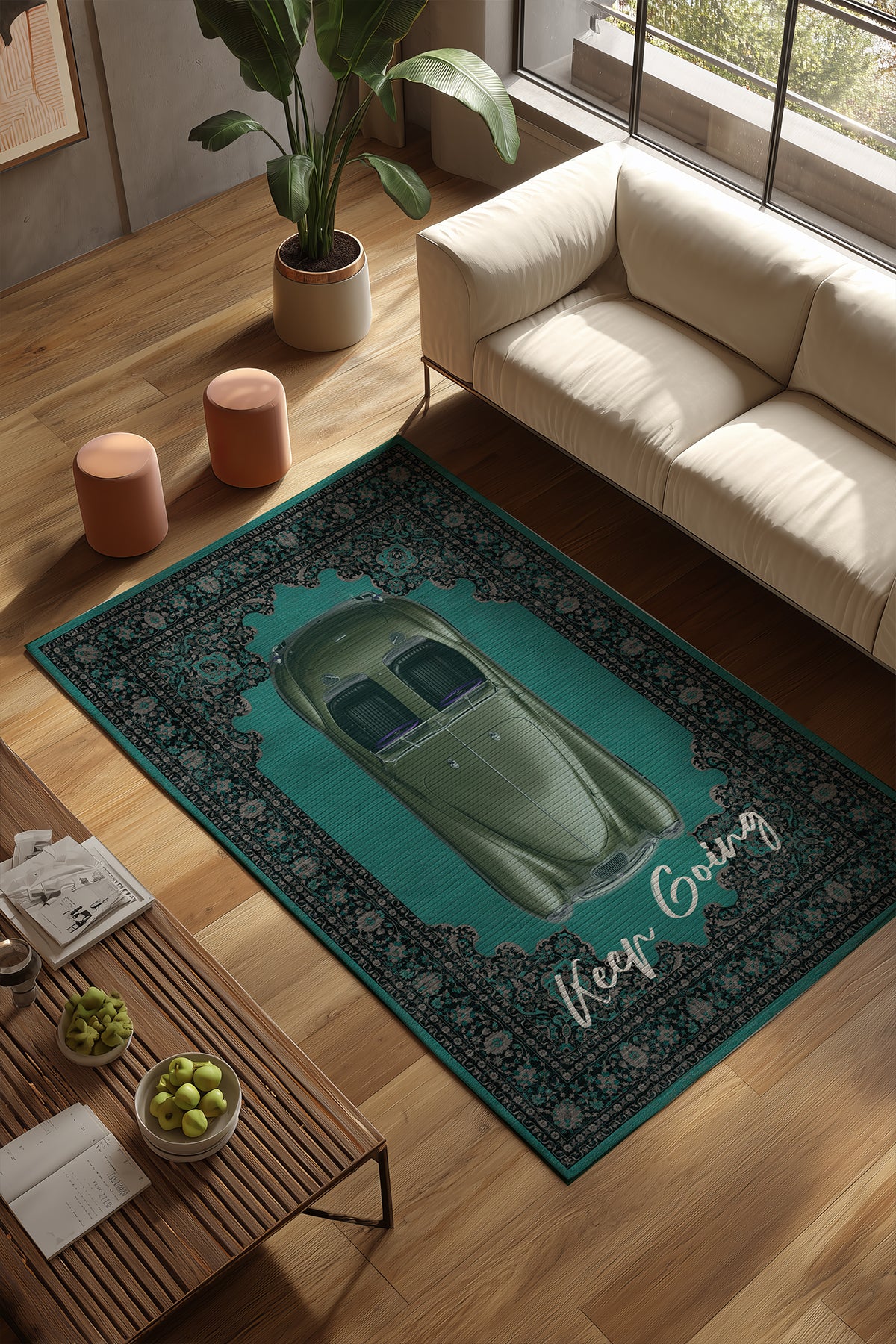 Retro 104 Turkuaz Yeşili Vintage Retro Araba Yıkanabilir Tasarım Halı Salon Oturma Ev Oda Halısı