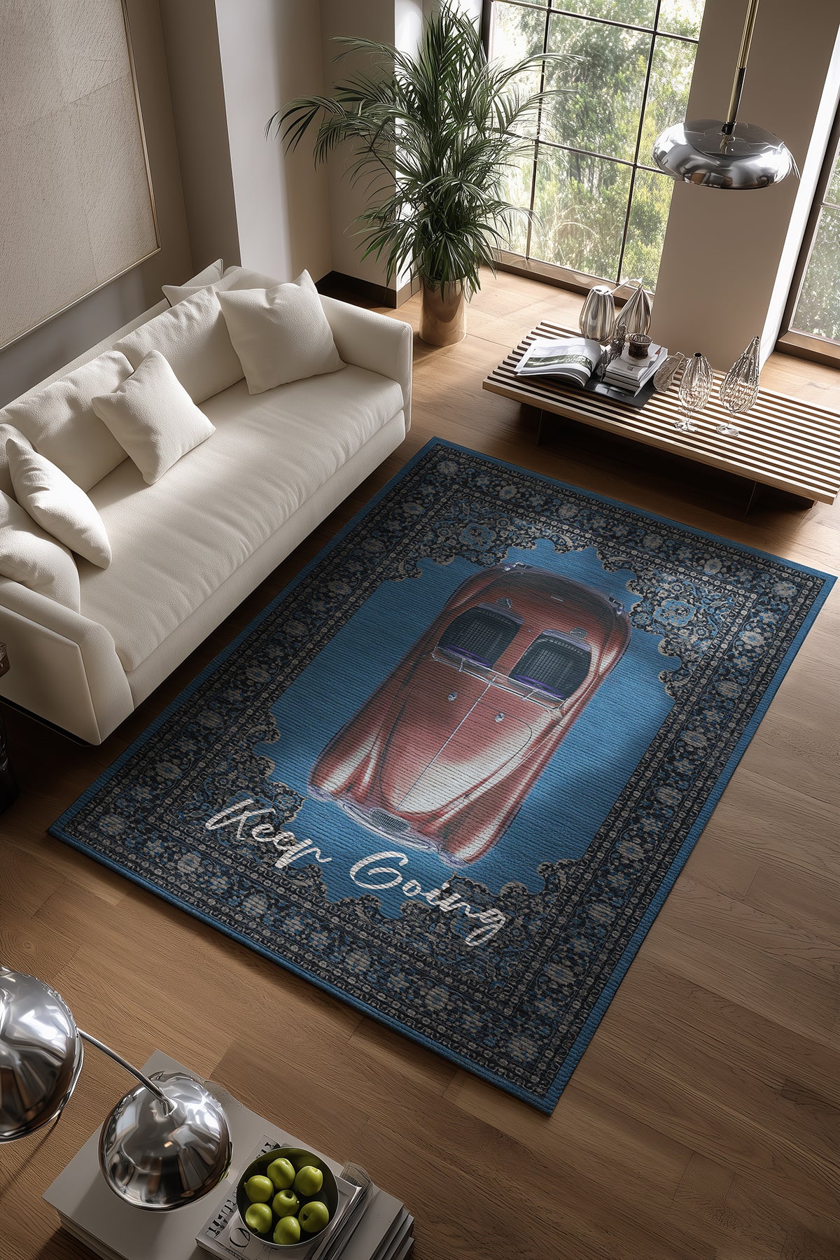 Retro 102 Mavi Gri Vintage Retro Araba Keep Going Yazılı Tasarım Halı Salon Oturma Ev Oda Halısı