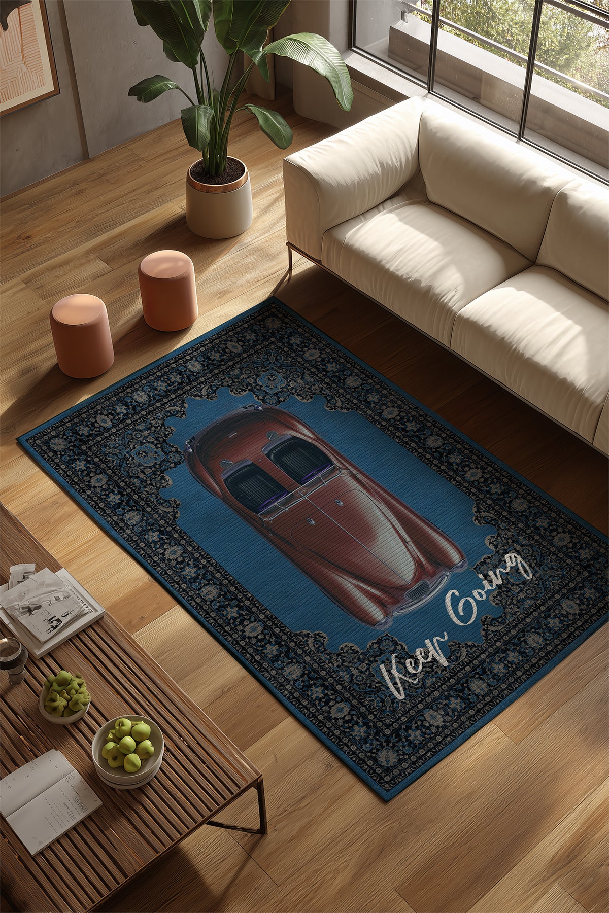 Retro 102 Mavi Gri Vintage Retro Araba Keep Going Yazılı Tasarım Halı Salon Oturma Ev Oda Halısı