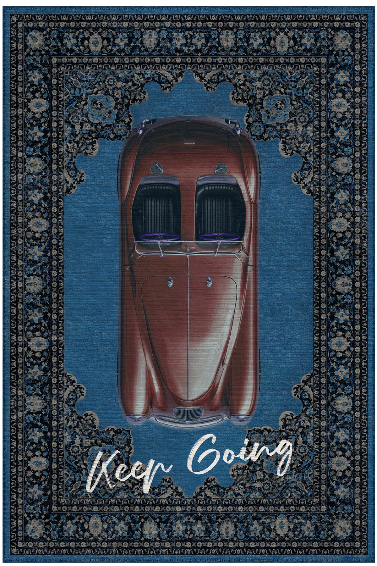 Retro 102 Mavi Gri Vintage Retro Araba Keep Going Yazılı Tasarım Halı Salon Oturma Ev Oda Halısı