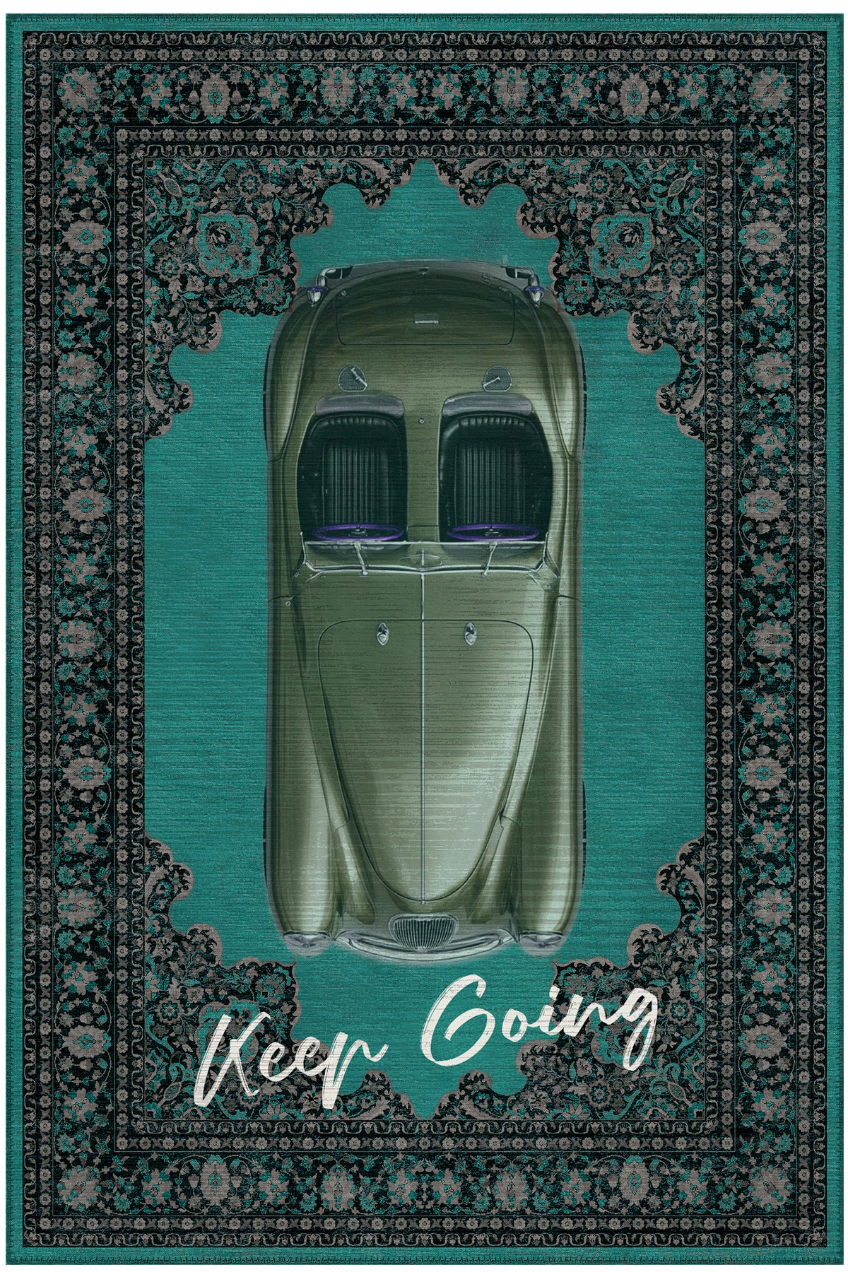 Retro 104 Turkuaz Yeşili Vintage Retro Araba Yıkanabilir Tasarım Halı Salon Oturma Ev Oda Halısı