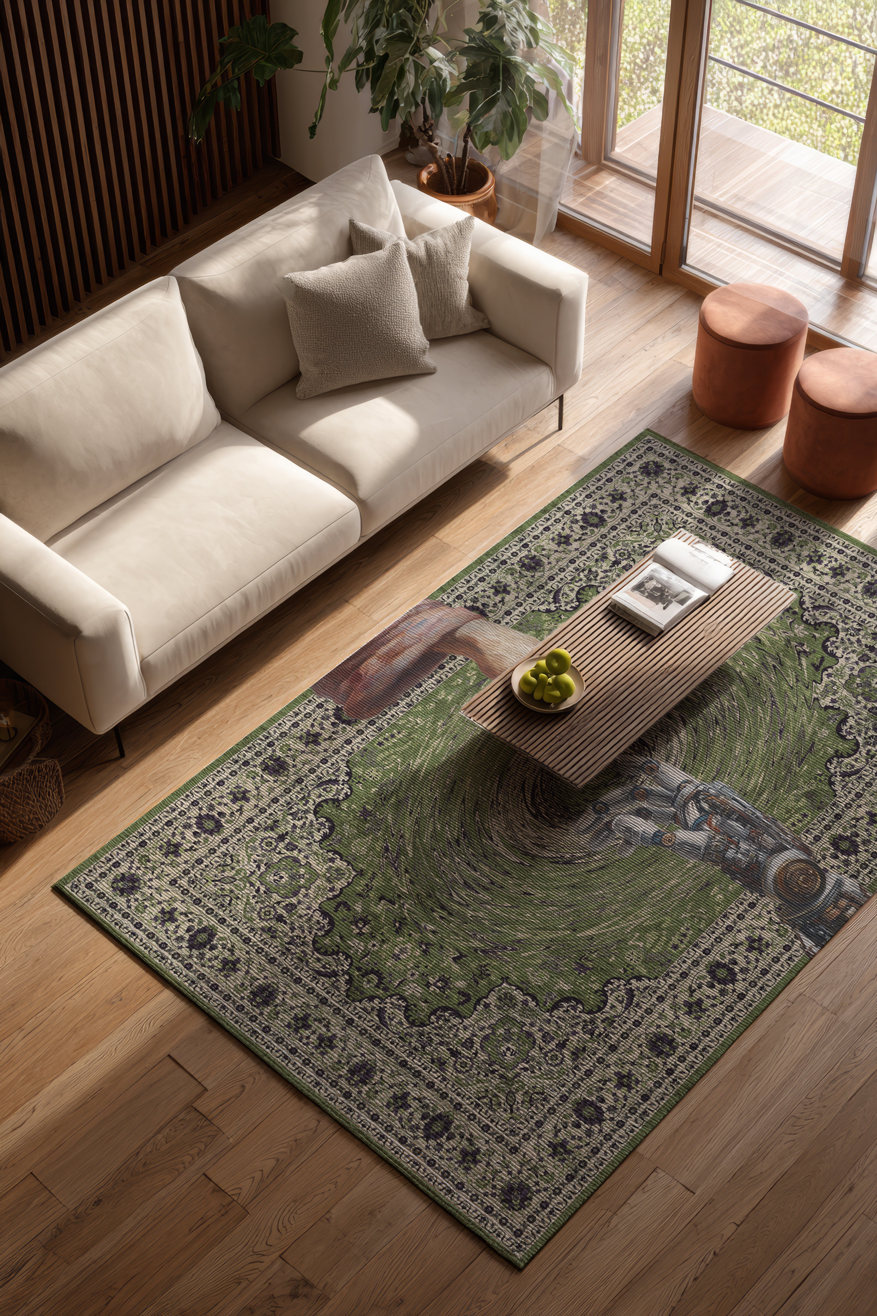 251 Yeşil Vintage Halı Robot El Figürlü Yıkanabilir Halı İnce Oturma Odası Salon Halısı