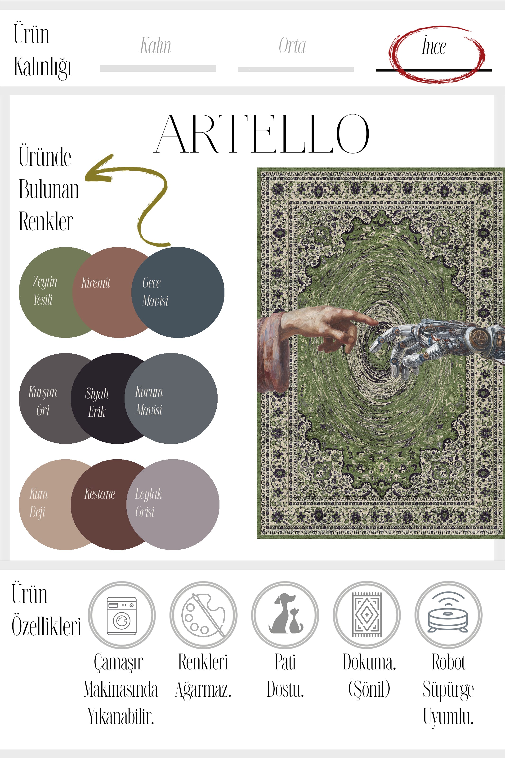 251 Yeşil Vintage Halı Robot El Figürlü Yıkanabilir Halı İnce Oturma Odası Salon Halısı